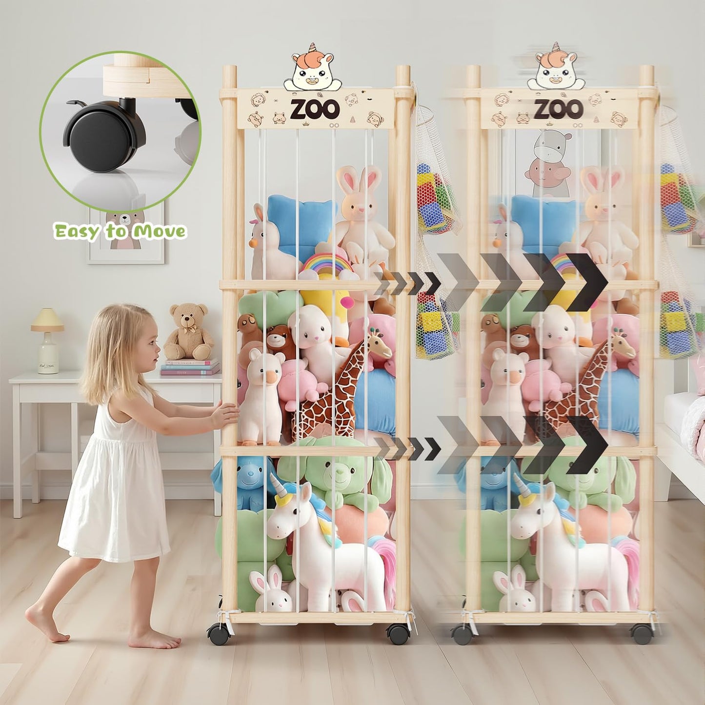 Nynicorny Stuffed Animal Storage Zoo Tower, Wooden Toy Organizer with Wheels, 56inch Large Cute Stuffy Holder & Plushie Storage Bag, Premium Wooden Material For Toddler Rooms, Playrooms & Bedrooms