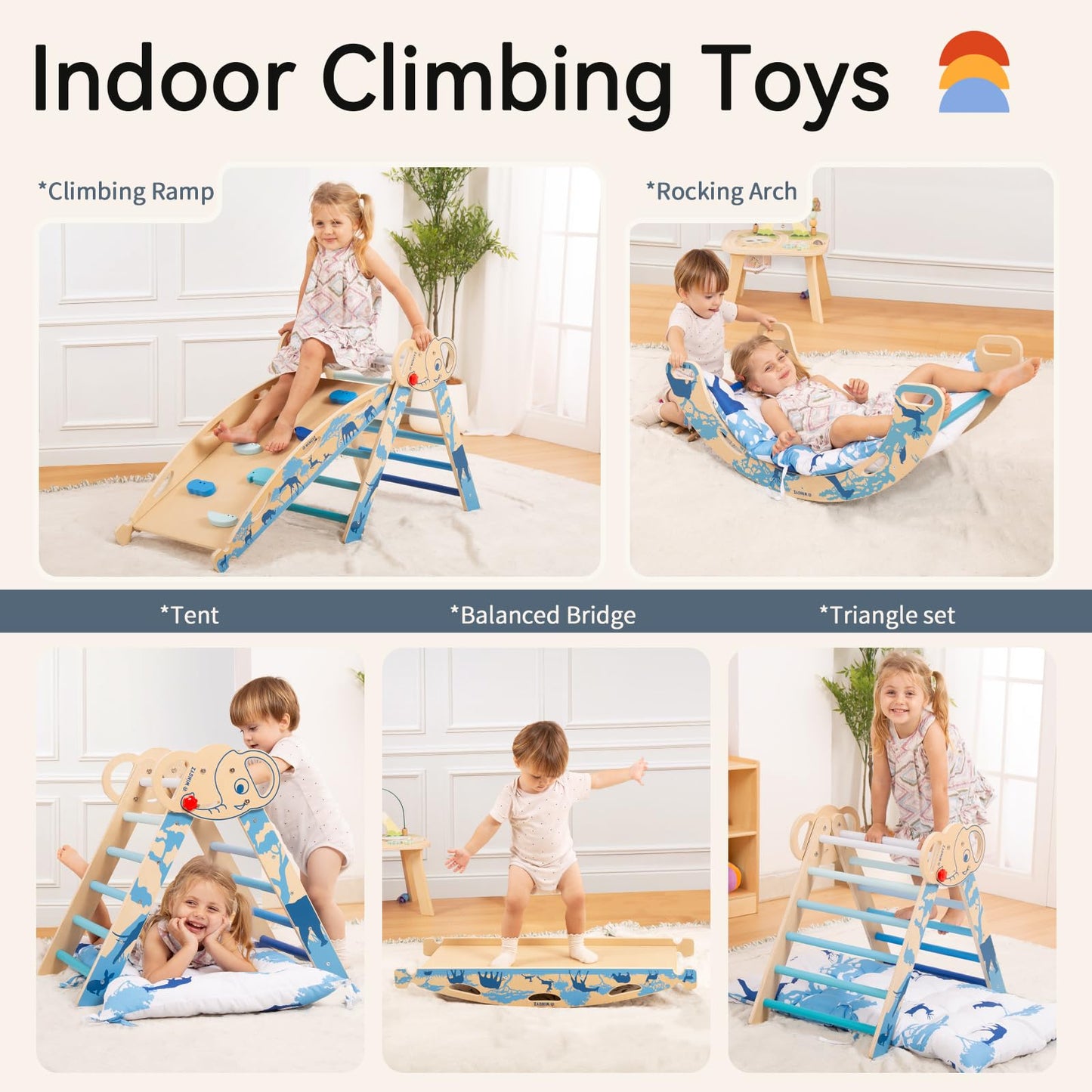 wingyz 8-in-1 Pikler Triangle Set-Foldable Baby Climbing Toys with Cushion, Arch, Ramp & Ladder | Montessori Toddler Climber Indoor Jungle Gym for Kids (Blue)