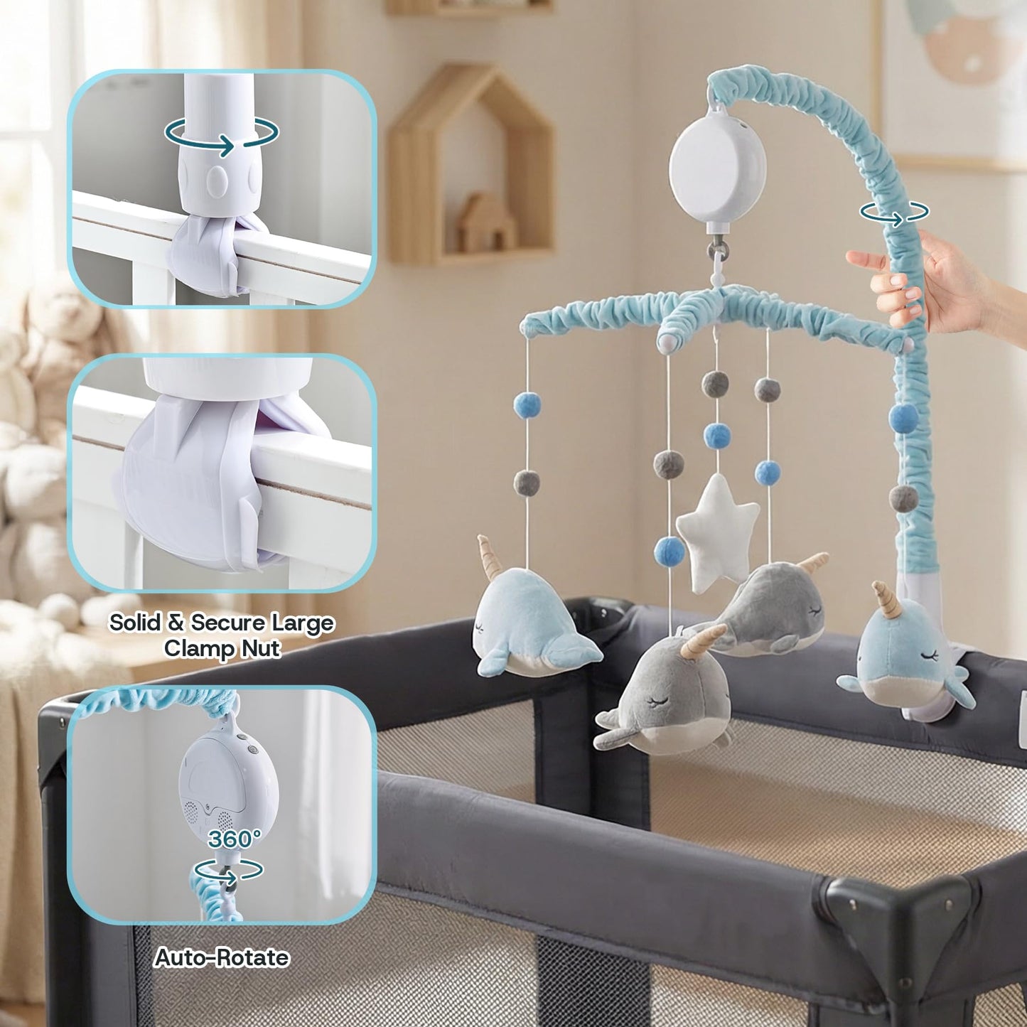 Crib Mobile for Boys and Girls, Whale Mobile Set with Mobile Arm and 12 Lullabies for Baby, Ocean Animal Nursery Decor, Bedside Bassinet Hanging Toys with Music (Narwhal)