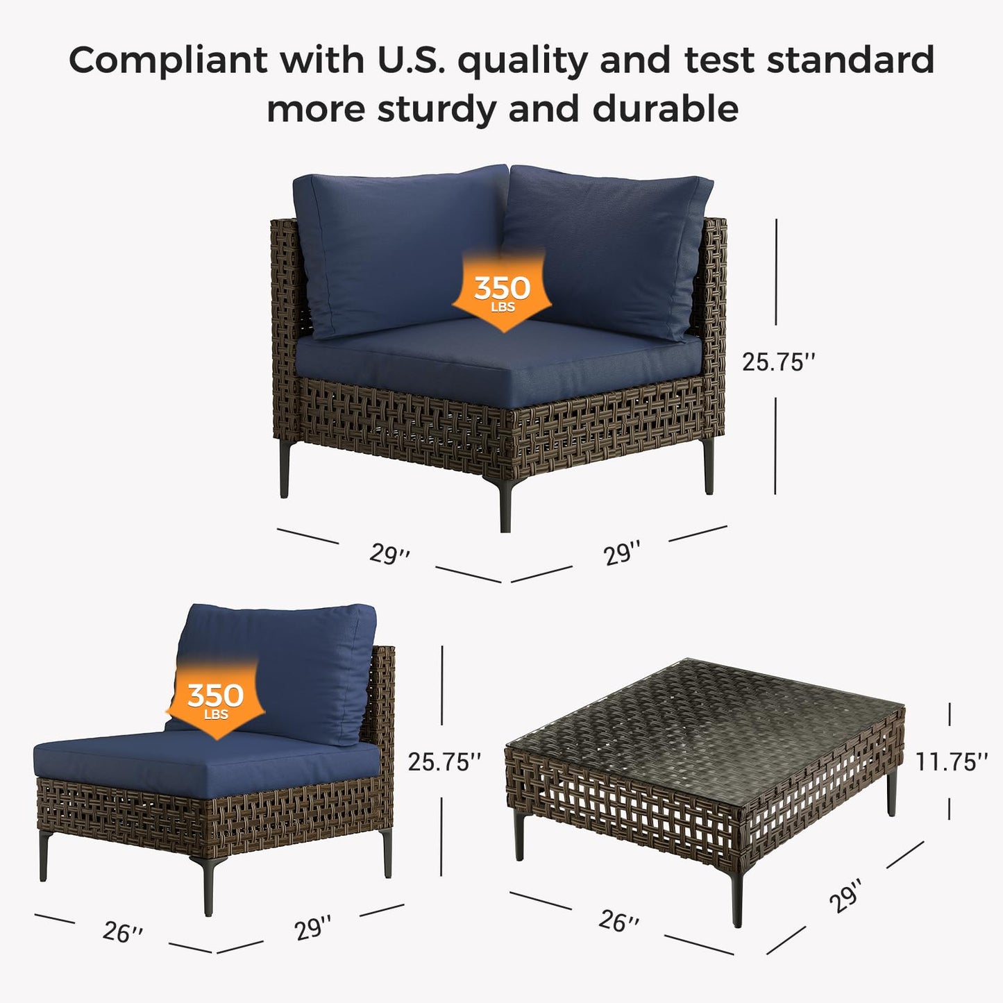Grand patio Wicker Patio Furniture Set, All Weather Outdoor Sectional Sofa with Blue Thick Cushions and Coffee Table, 7 Pieces Sectional, Brown