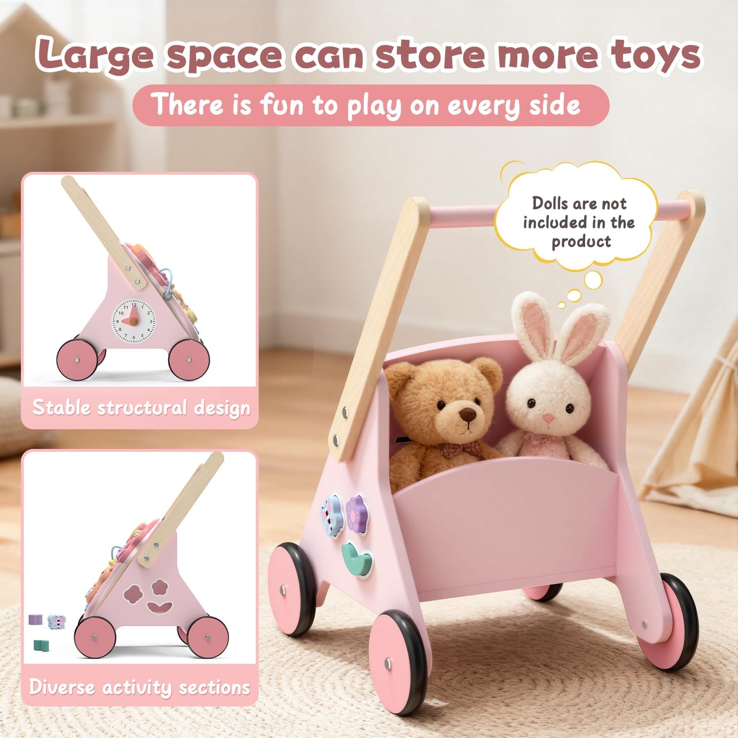 2 in 1 Wooden Baby Walker and Activity Center for Girls Boys Sit-to-Stand Learning Toy Kids Montessori Educational Push Toys with Music Detachable Busy Keyboard for Toddlers