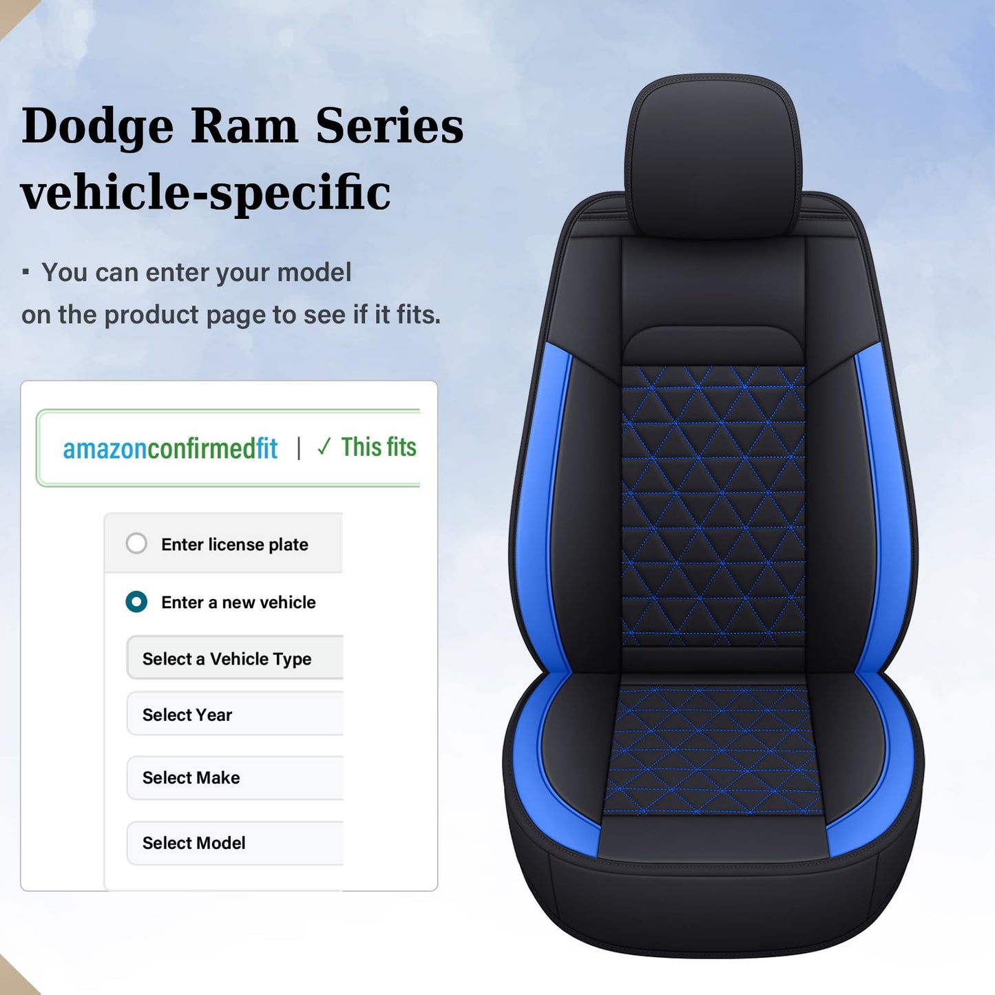 Coverado RAM Seat Cover Full Set, Leather Seat Covers Fit for Dodge RAM 1500, Truck Seat Covers Custom Fit for 2002-2025 Dodge RAM 1500 2500 3500 Crew Quad Cab with Curved Bench, Blue