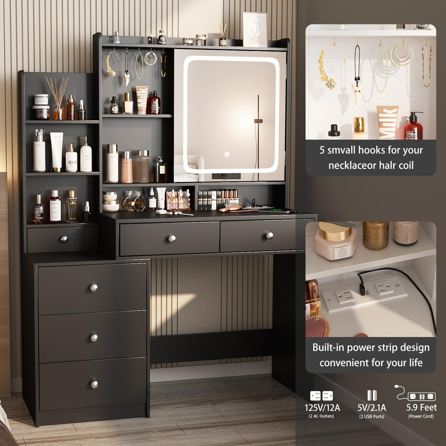 Vabches Vanity Desk with Mirror and Lights, Makeup Vanity with 6 Drawers and Shelves, Dressing Table with Power Outlet, Makeup Desk with Led Lighted Mirror in 3 Colors, for Bedroom, Black