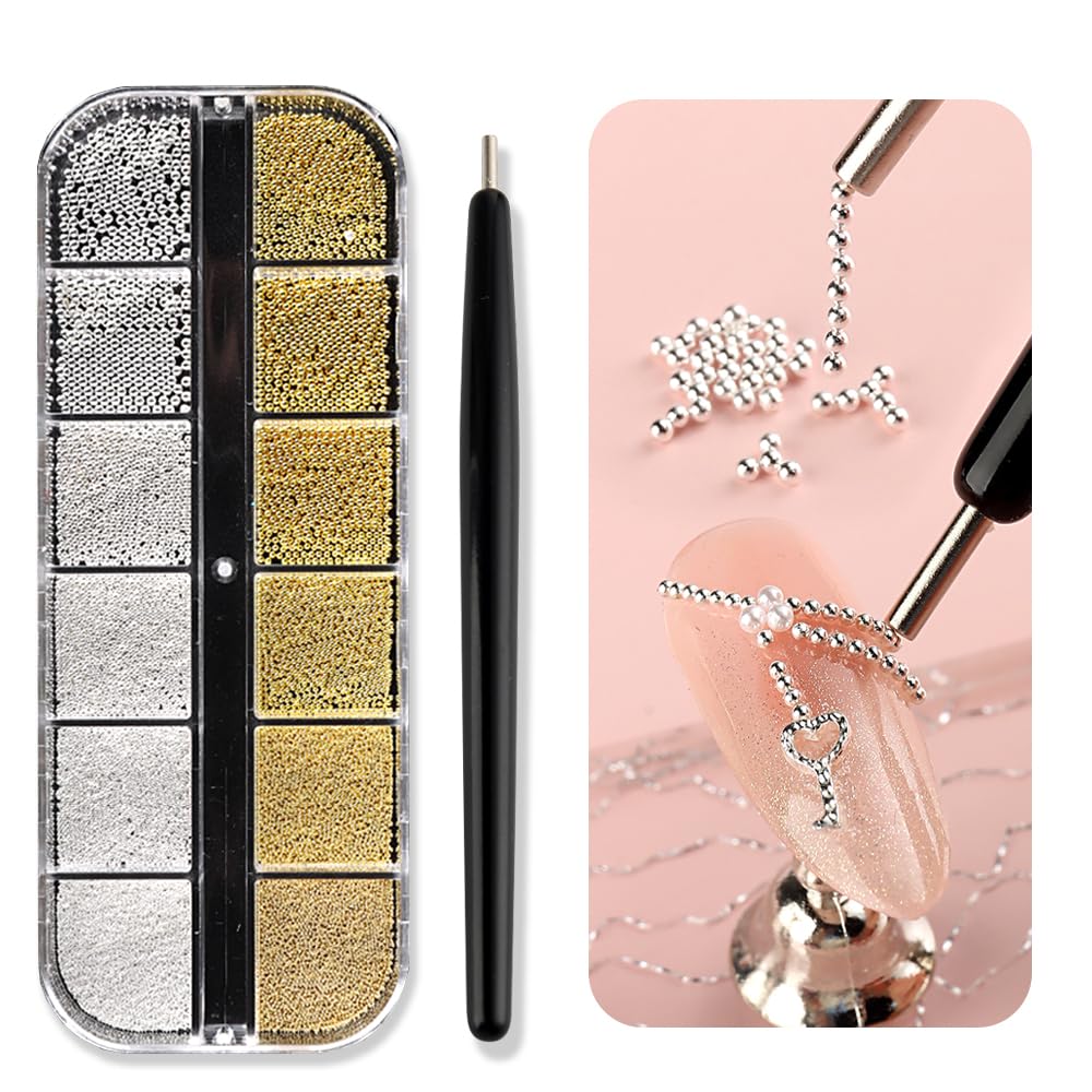 3D Mixed Sizes Nail Art Studs Gold Silver Mini Metal Caviar Nails Beads Ball Nail Rivets Jewelry for Women Girls Manicure Nails Supplies DIY Crafts Decorations