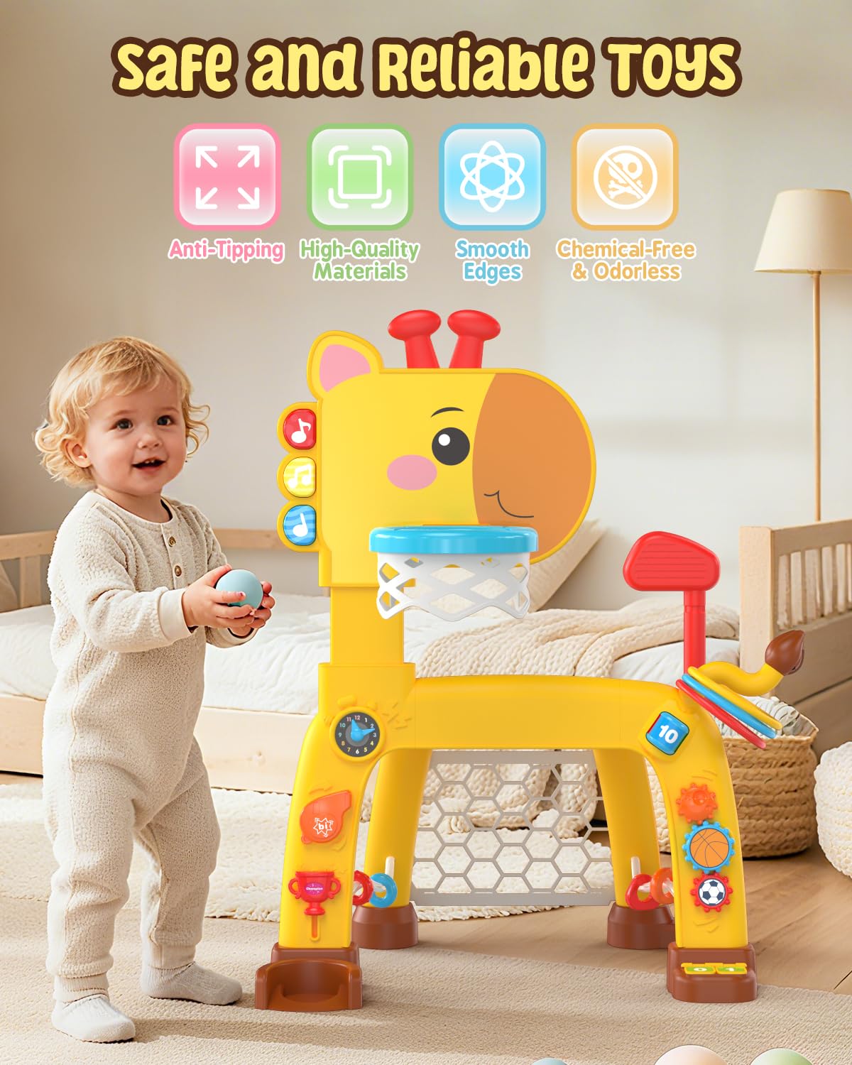 4-IN-1 Toddler Golf Ring Toss Basketball Hoop & Soccer Goal Sport Toys for 1-3 Year Olds, Baby Activity Center with Lights Bilingual Music & Vol Ctrl Gift for Boys Girls(H 24.4"-27.5") (Yellow)