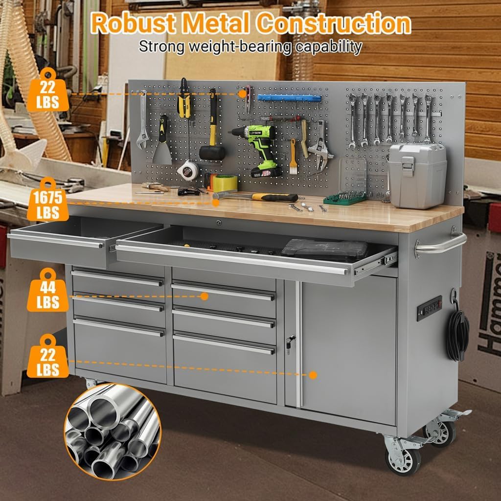 61 Inch Rolling Tool Chest, 10 Drawer Garage Tool Cabinet with Solid Rubber Wood Top, Heavy Duty Mobile Workbench with Power Strip, Lockable Steel Storage Organizer for Workshop and Home, Silver