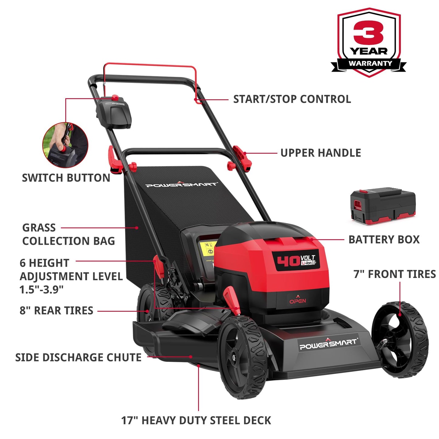 PowerSmart Electric Cordless Lawn Mower 17" 40V, 3-in-1 Brushless Push Lawn Mower, Lightweight, Foldable Handles