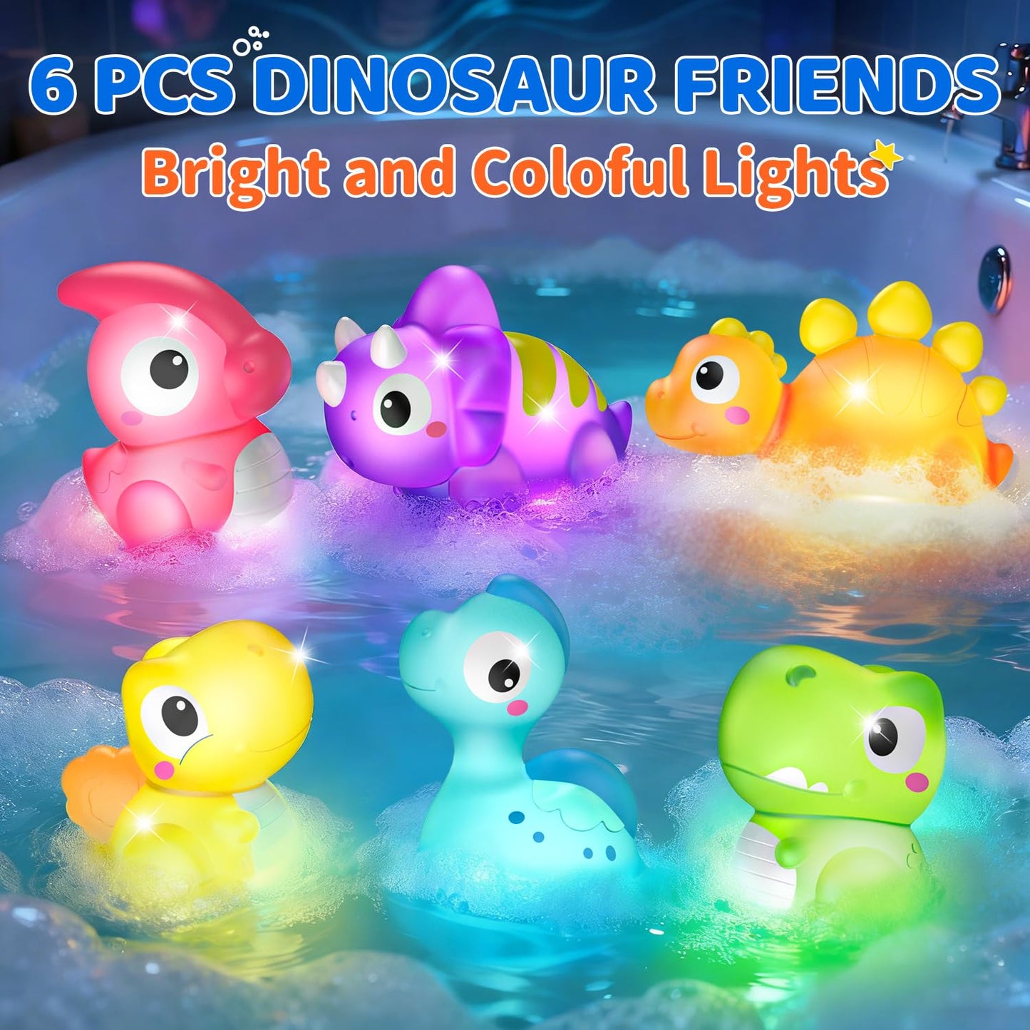 Light Up Bath Toys for Kids Ages 1-3, Dinosaurs Water-Activated Toys, Bathtub Toys for Toddlers 2-4, Pool Floating Water Bath Toys for 1 2 Year Old Boy Girl Gifts - 6 Packs