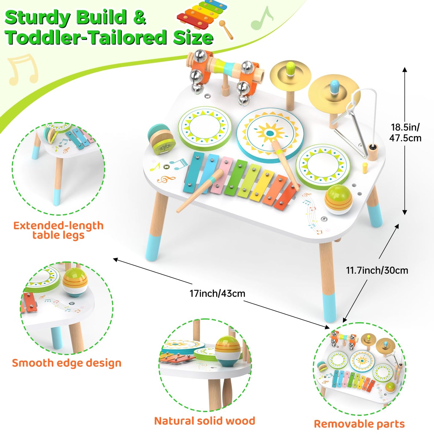 12-in-1 Drum Set for Toddlers 1-3,Baby Musical Instruments Table ,Wooden Montessori Toys with Xylophone,Bongo Drums,Cymbals,Maracas & Wrist Bells,Birthday Gift for 1 2 3 Year Old Boy Girls