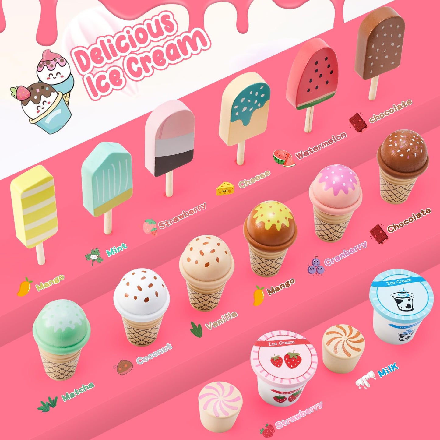 WHOHOLL Wooden Ice Cream Counter Playset for Toddler Girl Toys, Play Store Pretend Toy Food Play Kitchen Accessories with Fake Money & Coin, Christmas Birthday Gifts for 3+ Year Old Kids (Pink)