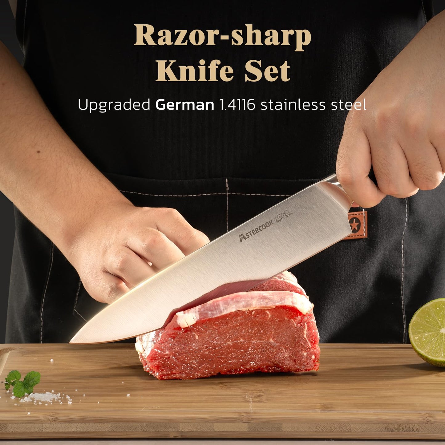 Astercook Knife Set, Kitchen Knives Set with Block and Sharpener Full Tang 17 Pcs German Stainless Steel Knives Sharp Blade Dishwasher Safe Premium Knife Set with Anti-slip Ergonomic Handle, Black