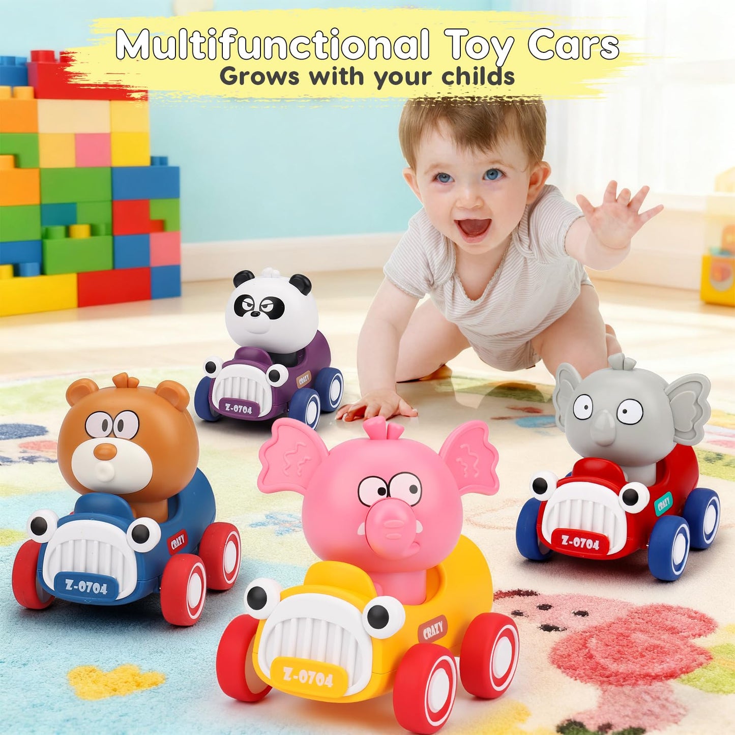 AugToy Press and Go Toy Cars for Toddlers 1-3, Animal Racing Cars Infant Baby Toys 6-9-12-18 Months, Cars Toys for 1 2 Year Old Boy Girl Gifts, One 1st First Year Old Boy Girl Birthday Easter Gifts