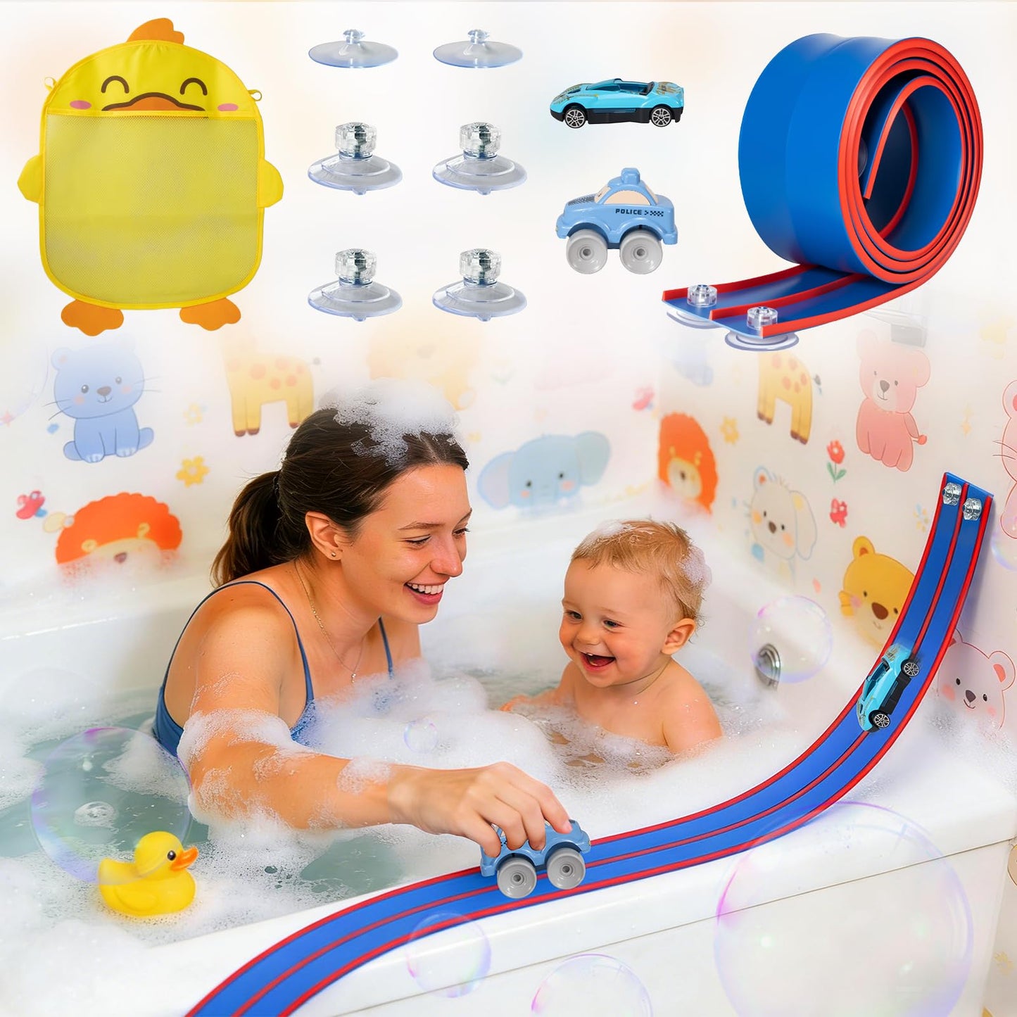 Race Car Bath Toy Set, Toddler Bath Toys, Flex Race Track Car Set, Kids Bathtub Gift, Including Mesh Storage Bag - Suction Cup, for Ages 3 & Up (10-Piece Set) (Blue & Red)