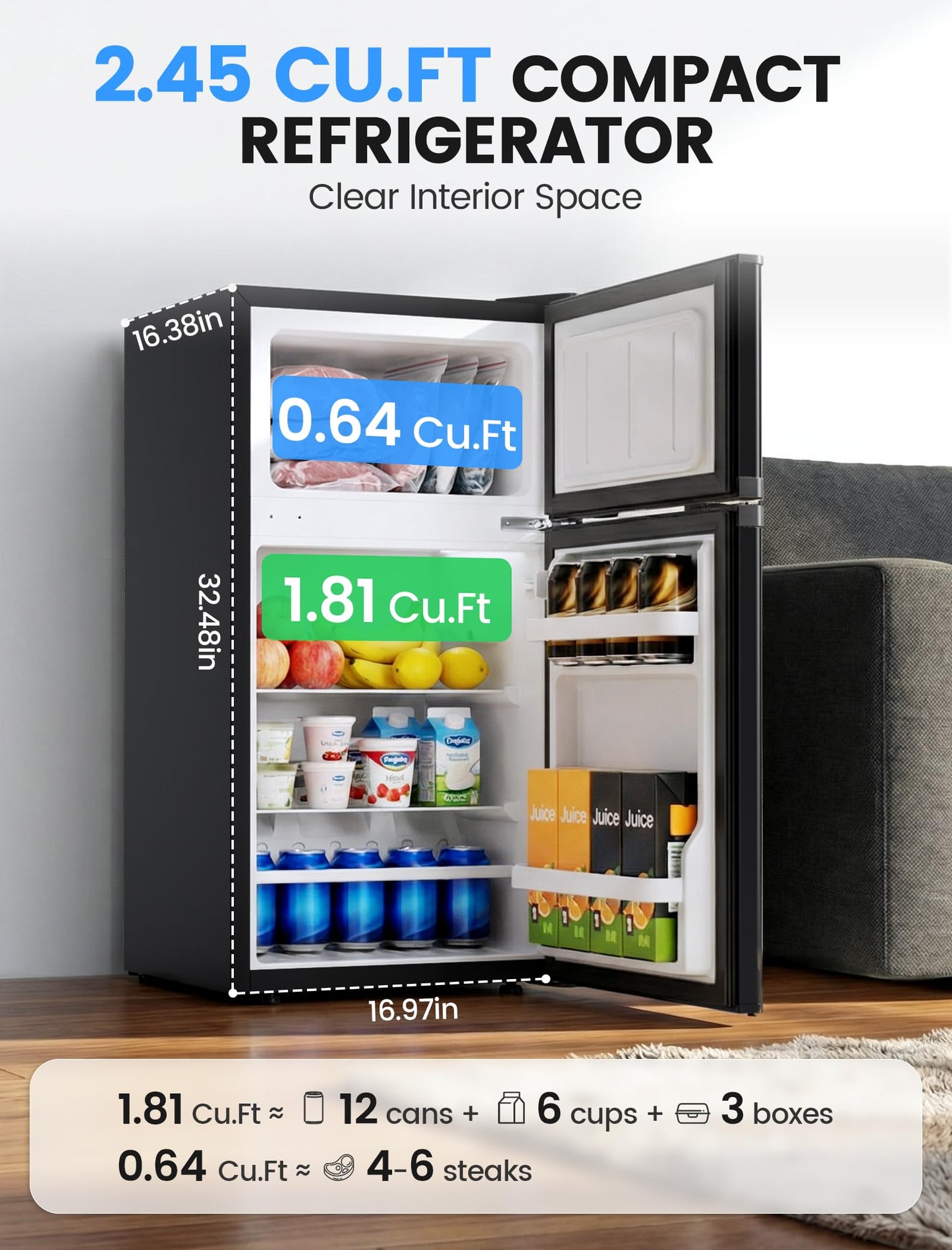 COWSAR 2.5 Cu.Ft Dorm Fridge with Freezer, Double Reversible Door Compact Refrigerator with 2 Removable Shelves, Commercial Drink Fridge for Bedroom, Office, Kitchen, Dorm, Black