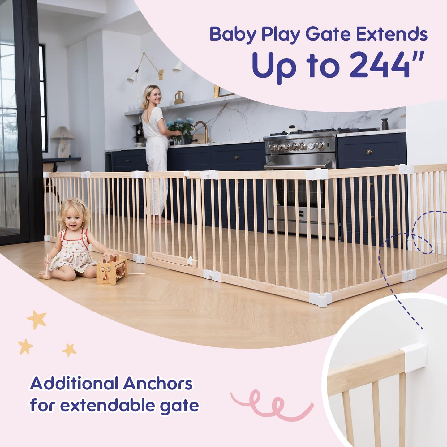 CONKKA Foldable Wooden Baby Playpen Large Play Yard for Babies, 2-in-1 New Mom Helper Portable Fence, 25" Tall Custom Wood Gate with Adjustable Size & Shape for Infants 3-18 Months -63x63x25 inch
