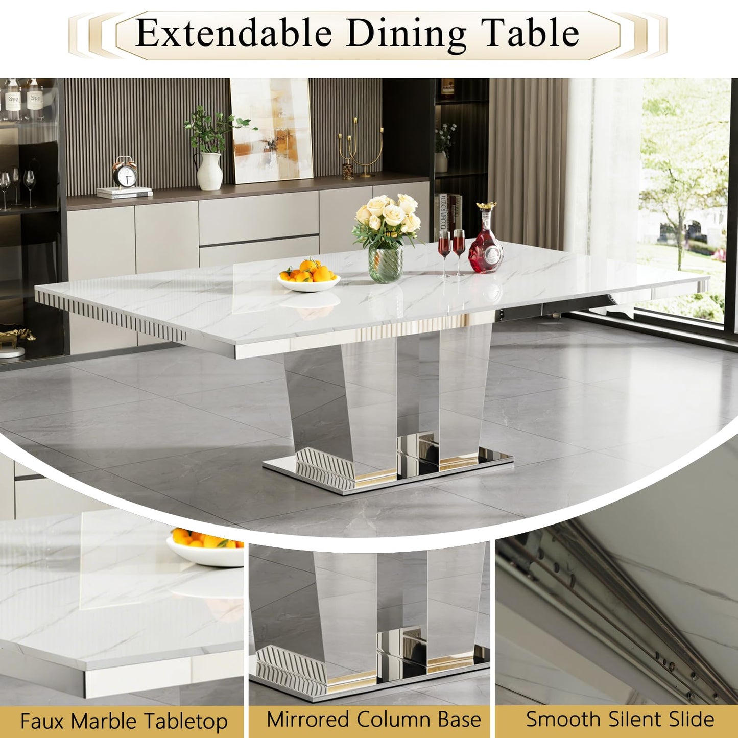 7-Piece Faux Marble Dining Table Set for 6, 63-94.5" Large Extendable Kitchen Table Set with 6 Black Tufted Chairs, Modern Expandable Dining Room Table for 6 8 10 with Mirrored Double Column Base