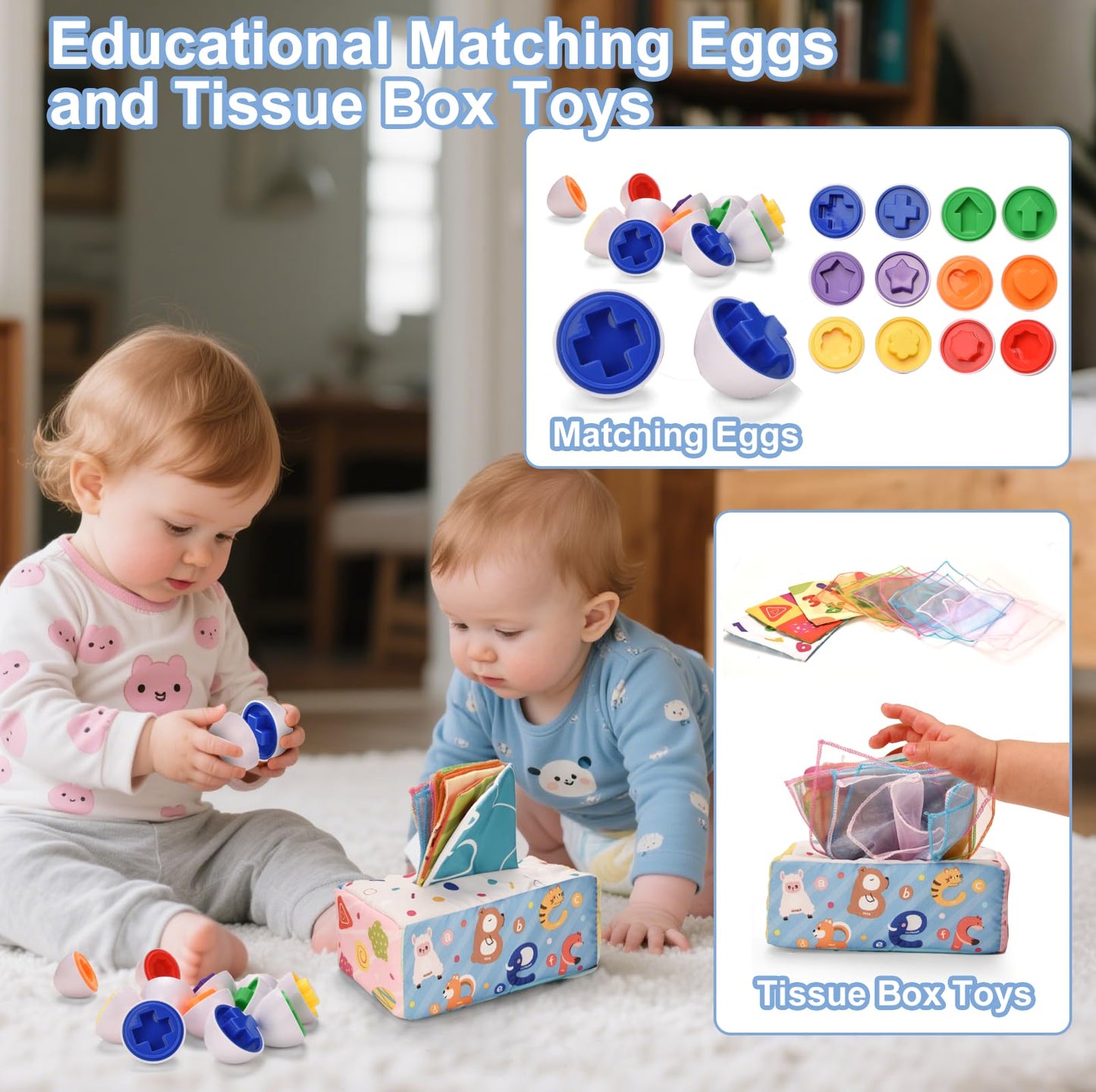 Baby Toys 6-12 Months,Montessori Toys for 6-9-12 Month old,6-in-1 Sensory Toys Stacking Cups Building Blocks,Teething Pull String,Tissue Box Toys for Babies 6-9-12,18-24 Months,1-3 Year old Baby Gifts