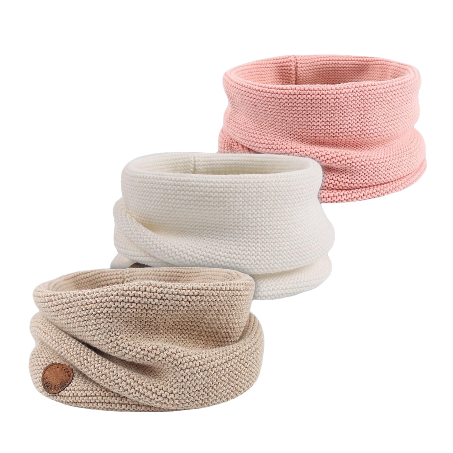 Peecabe Baby Boys Knitted Scarves Warm Toddler Girl Infinity Scarf Kids Soft Chunky Neck Warmer for Fall Winter (White+Pink+Beige)