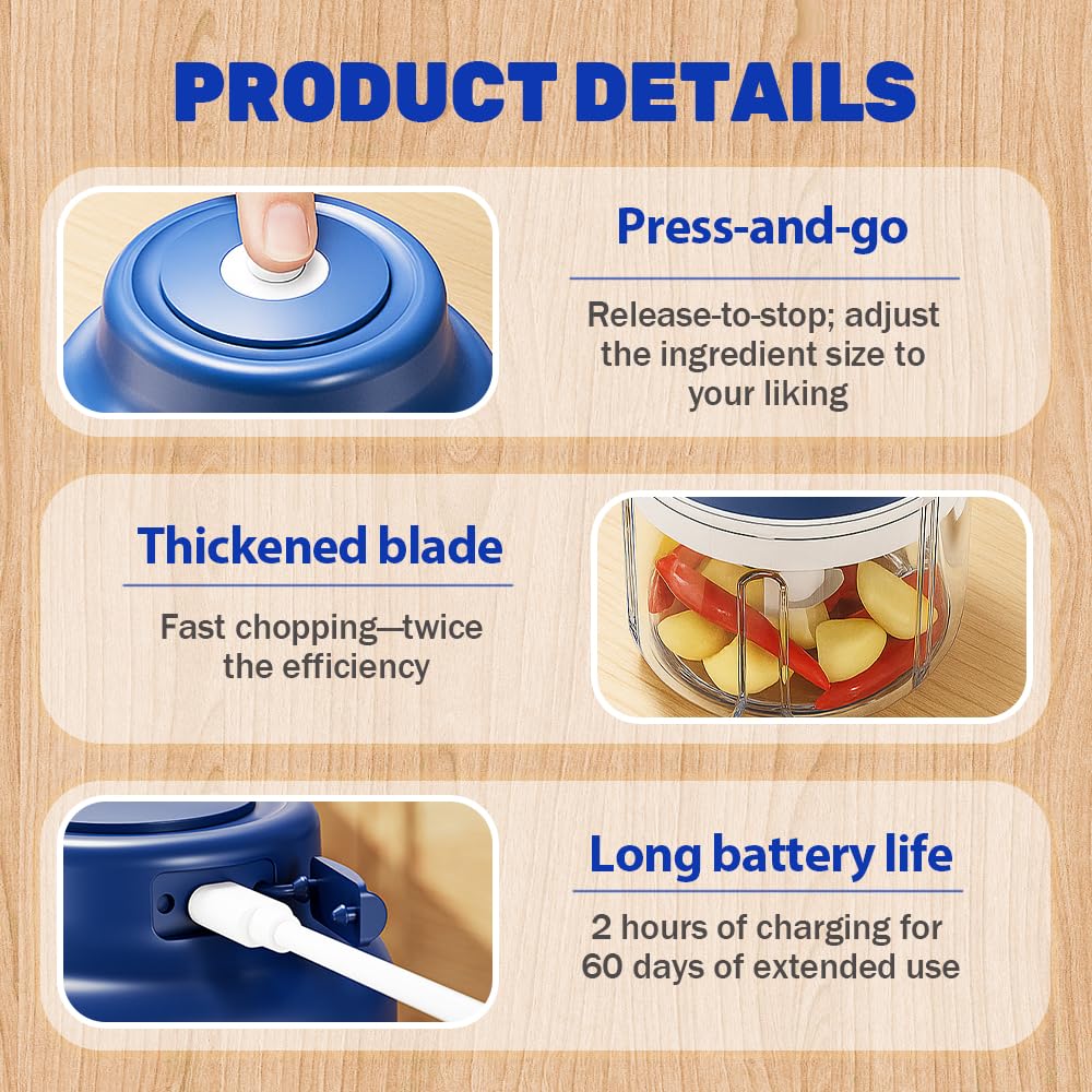 Electric Mini Garlic Chopper Set, 2025 New Small Garlic Chopper Mincer, Electric Food Chopper Tool, USB Rechargeable, Wireless Veggie Grinder, for Mashing Onion, Garlic, Chili, Ginger (Blue, 250ml)