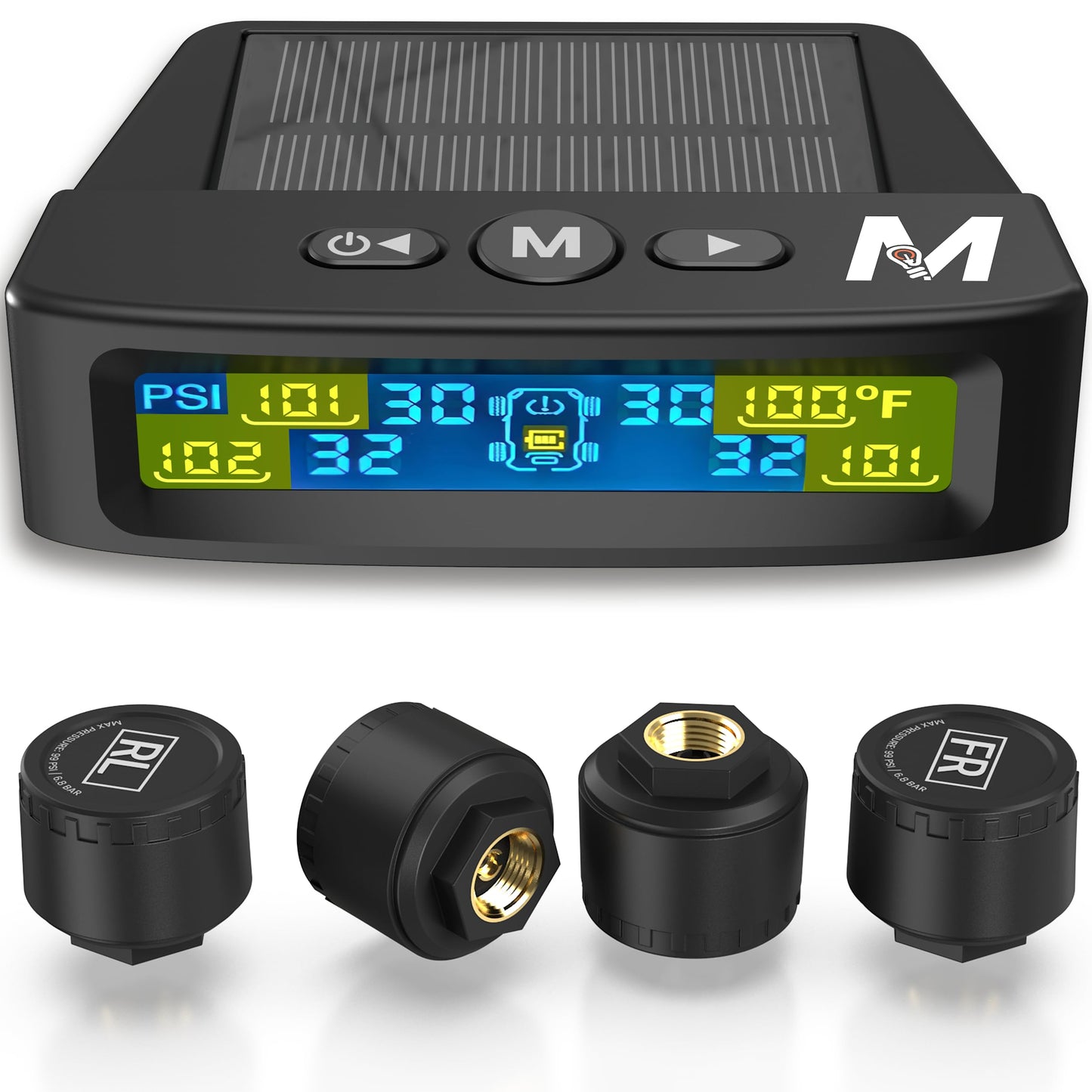 MARCALA TPMS Sensors Set of 4 | External Tire Pressure Sensors Pack of 4 | Tire Monitoring System for SUV, Truck & Autos | Auto-Dim Bright LCD Display 0-98PSI | Prevent Blowouts, Flats & Drive Safely!