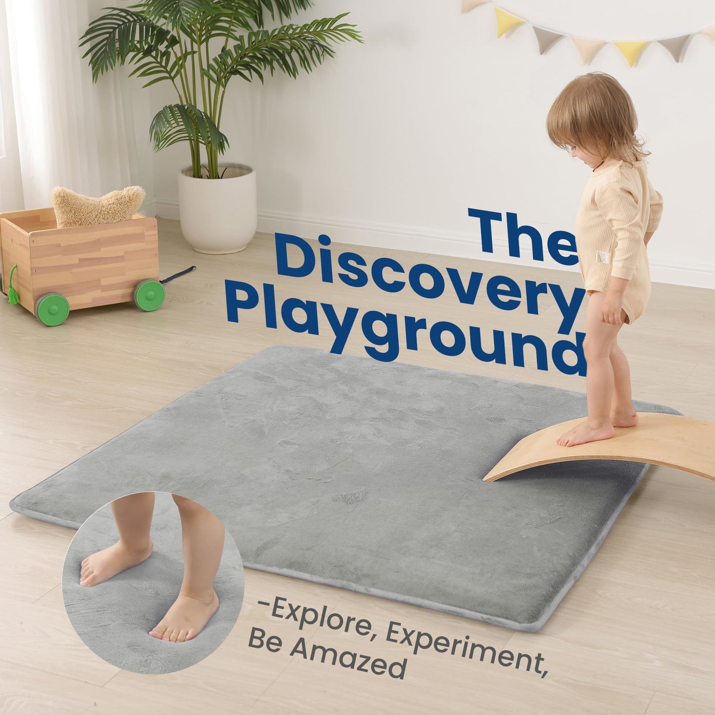 Baby Play Mat for Floor,1.3" Thick Elasti-Foam 50"×50" Playpen Mat for Tummy Time,Water Repellent Soft Coral Velvet for Toddler,Infant,Kids,Non-Slip Backing Safe for Crawling(Light Gray)