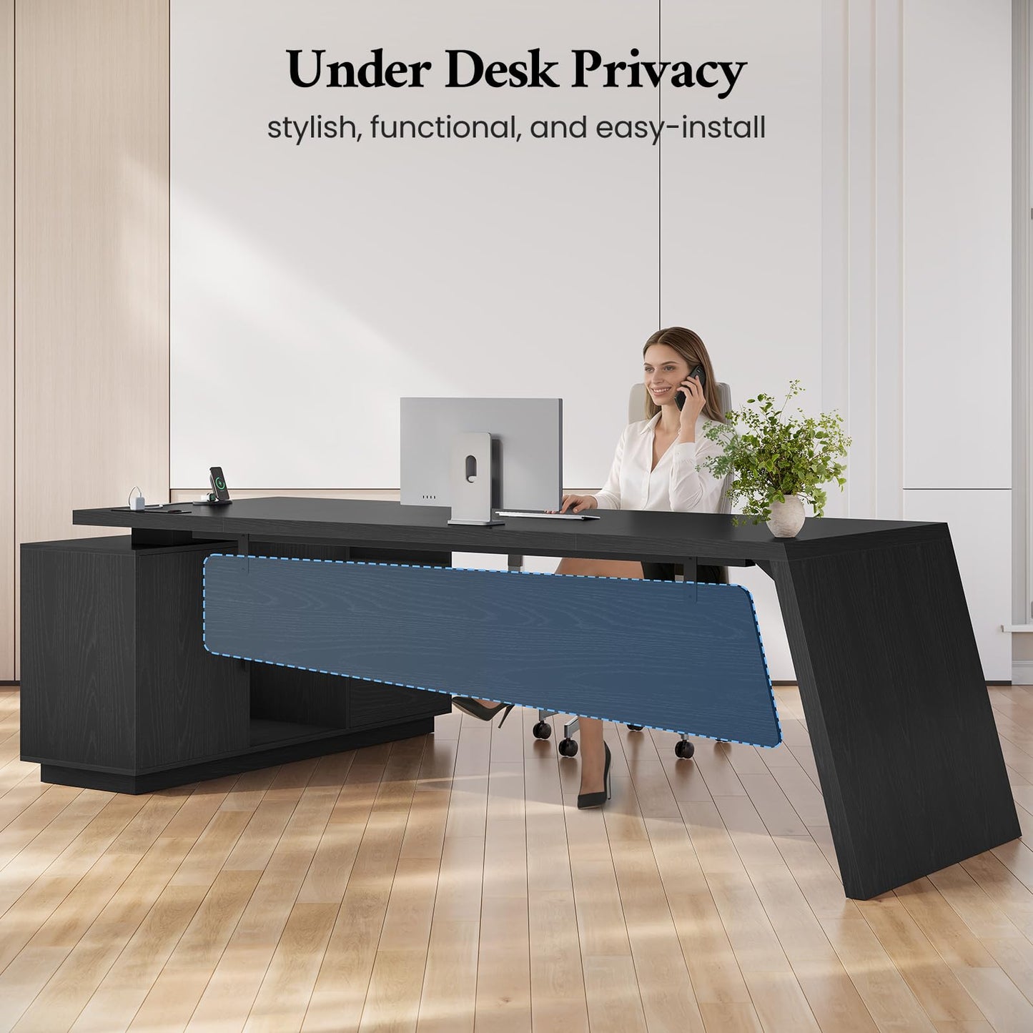 ANGRYWIN 78 inch L Shaped Executive Desk with Power Outlets, Large Home Office Desk with Storage Drawers and File Cabinet, Modern Computer Desk with Shelves, Black Business Furniture