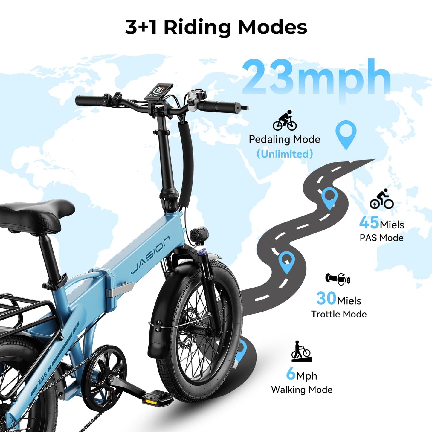 Jasion EBS Electric Bike for Adults, 1000W Peak Motor up to 23 MPH Top Speed Ebike, Aluminum 20'' Fat Tire Electric Bike Built-in 48V Removable Battery with 45 Max Miles, Folding Ebikes for Adults