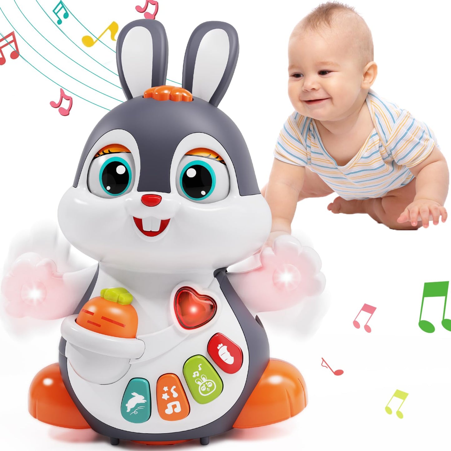 Wanonoo Baby Musical Bunny Toy Dancing Crawling Tummy Time Toys, Light Up Infant Toys 0-3-6 6-12 12-18 Months Birthday Gifts for 1 Year Old Boy Girl Learning Baby Basket Stuffers