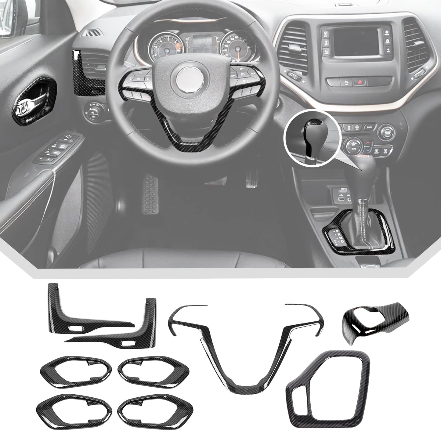 JeCar 9pcs Set Black Carbon Fiber Interior Trim Kit for 2014-2018 Jeep Cherokee Interior Accessories