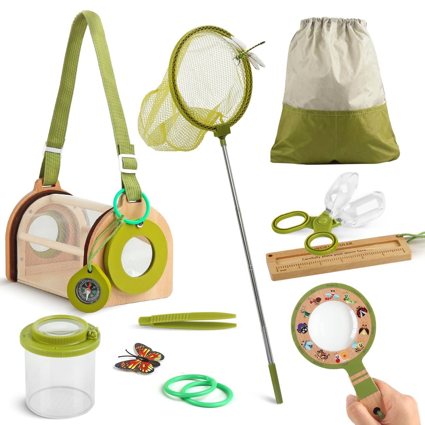 Wooden Bug Catcher Kit for Kids -11Pcs Bug Catching Kit Outdoor Explorer Kit with Carry Bag, Butterfly Net and Other Adventure Sets for Garden Backyard Camping, Gift for Toddlers Girls Boys 3-12