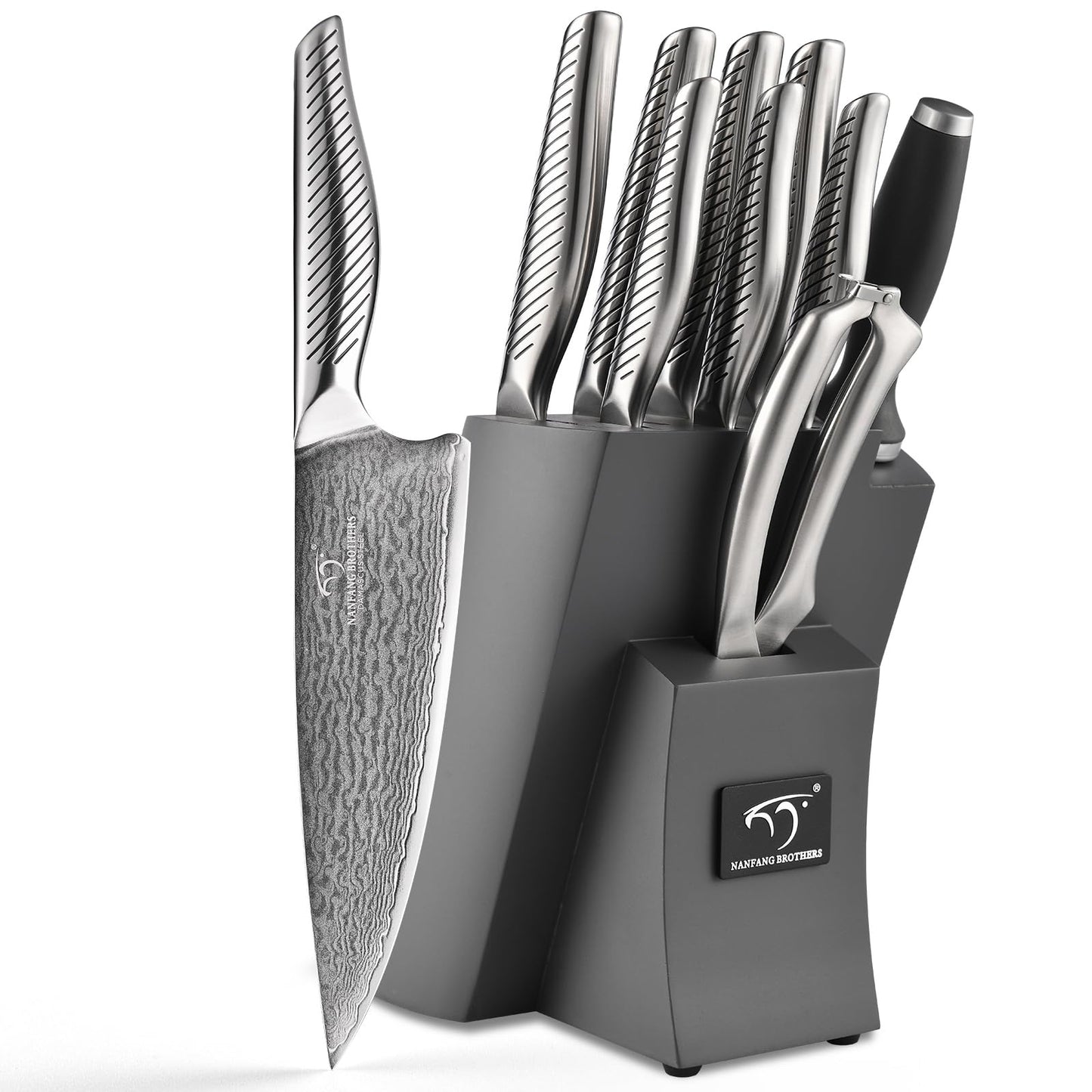 NANFANG BROTHERS® 10 Pieces Damascus Kitchen Knife Set, High Carbon Stainless Steel Damascus Steel Chef Knife Set, Stainless Steel Ergonomic Handle for Chef, with Built-in Sharpening Rod NF