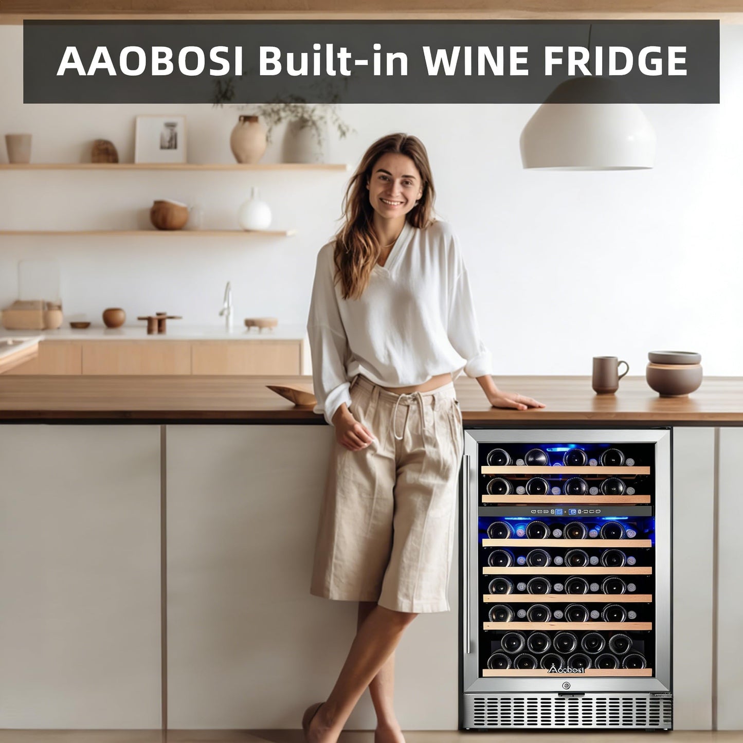 AAOBOSI 51 Bottle Wine Fridge, 24-Inch Dual Zone Wine Cooler Refrigerator, Built-In or Freestanding Under Counter Wine Fridge with Compressor, Digital Temperature Control, Low Noise for Home Bar