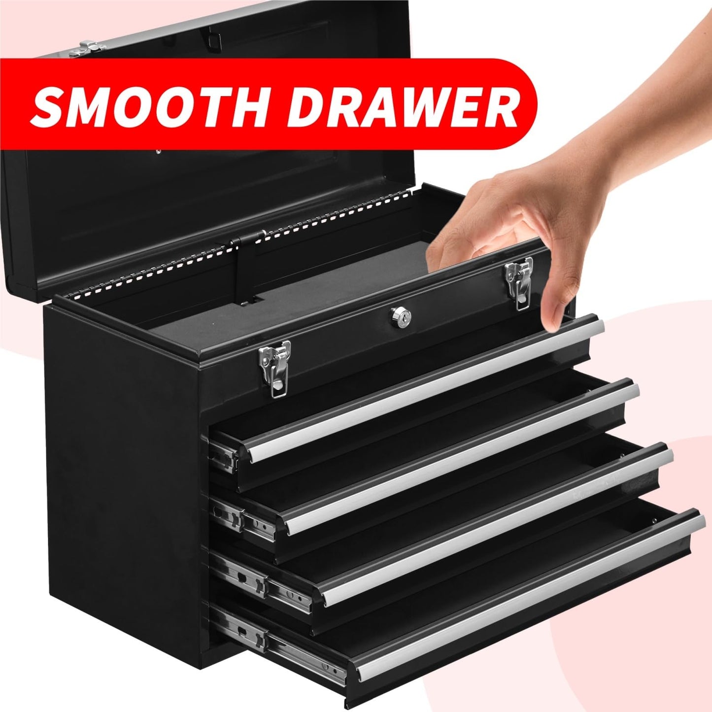 Portable Metal Tool Box with 4 Drawers - Heavy Duty Steel Tool Chest with Lock & Latch Closure for Garage, Warehouse, and Outdoor Repairs - Black