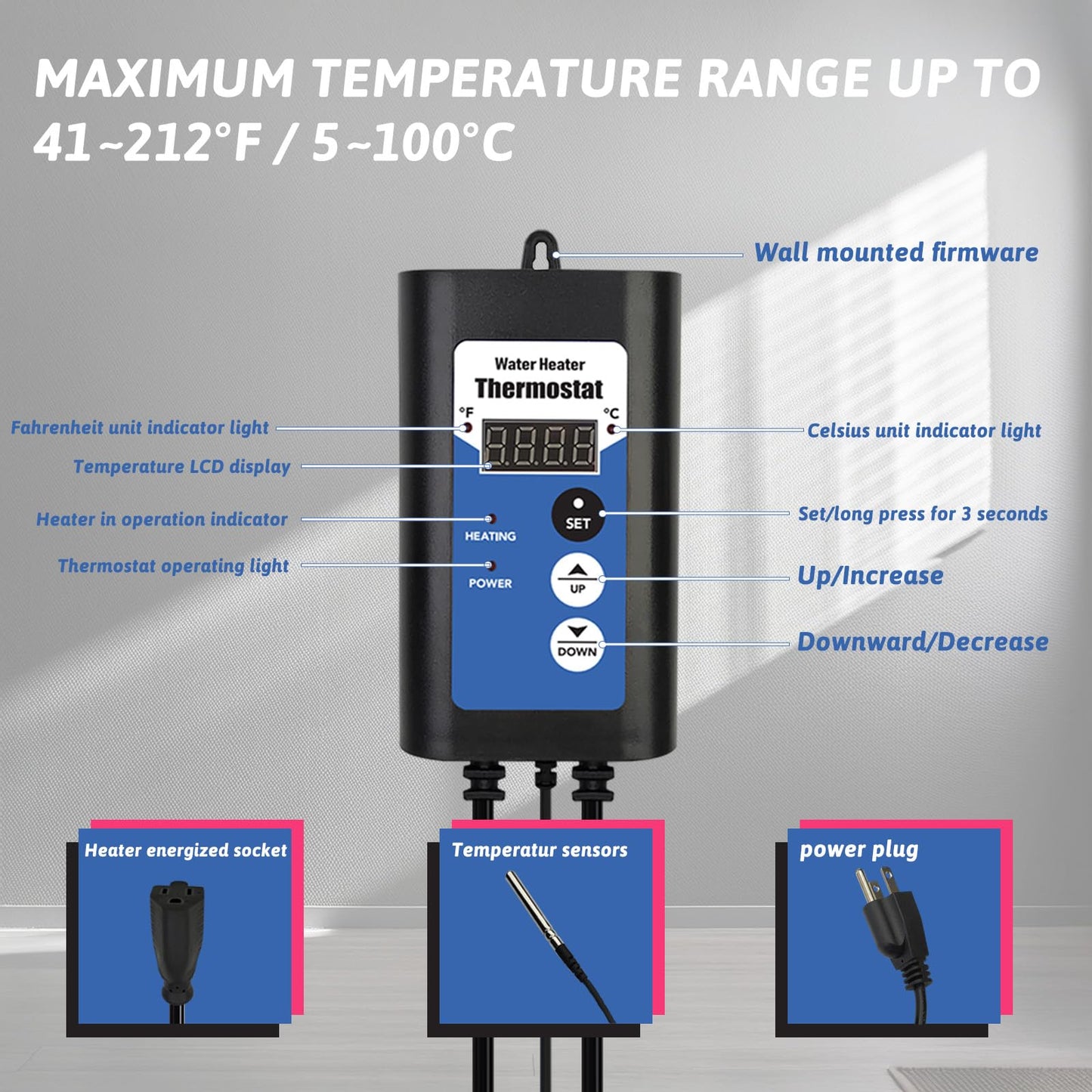 XCLBTFDC 1800W Immersion Water Heater Portable Electric Bathtub & Inflatable Pool Submersible Water Heater with Thermostat, GFCI for Bucket, Swimming Pool, Baptistry, Sap, Above Ground Pool & Hot Tub