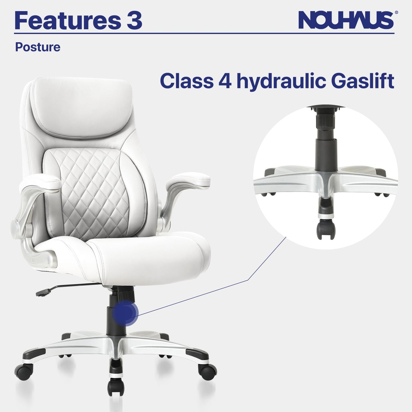 Nouhaus +Posture Ergonomic PU Leather Office Chair. Click5 Lumbar Support with FlipAdjust Armrests. Modern Executive Chair and Computer Desk Chair (White)