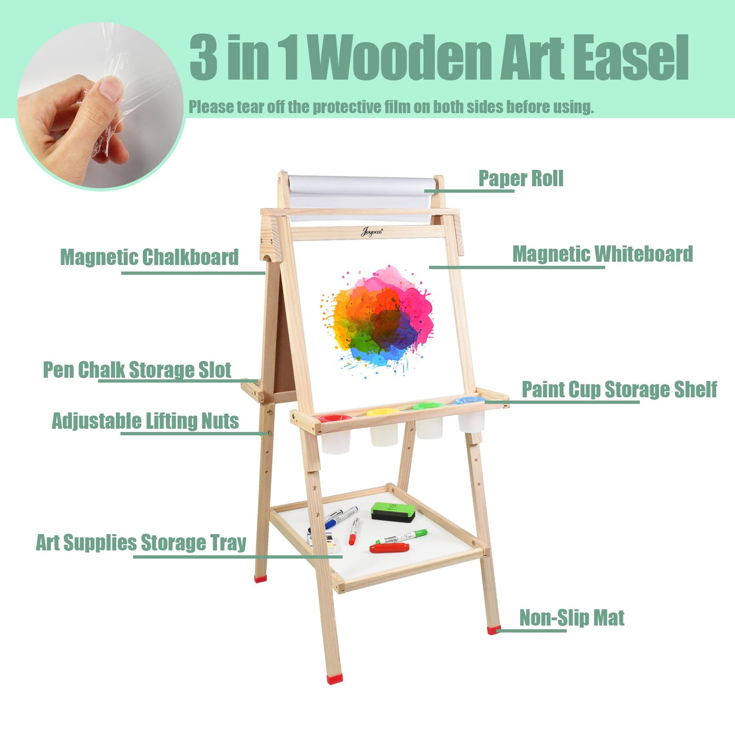 Joyooss Art Easel for Kids with Double-Sided Magnetic, Wooden Standing Kids Easel with Dry Erase Whiteboard & Chalkboard, Height Adjustable Children Easel with Paper Roll, Bonus Toddler Art Supplies