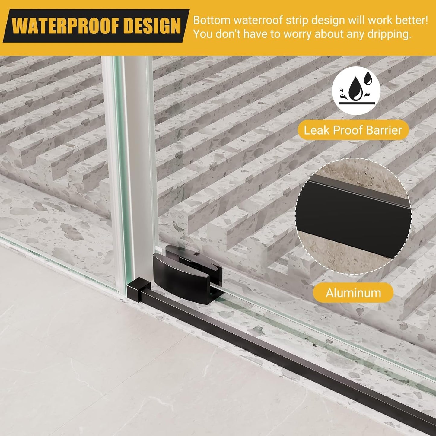 Shower Glass Door, 60 in W x 72 in H Frameless Sliding Shower Doors with Waterpoof Strip and Clear Sgcc 8mm Tempered Glass, for Walk-in Shower Enclosure Bathtub Bathroom, Black