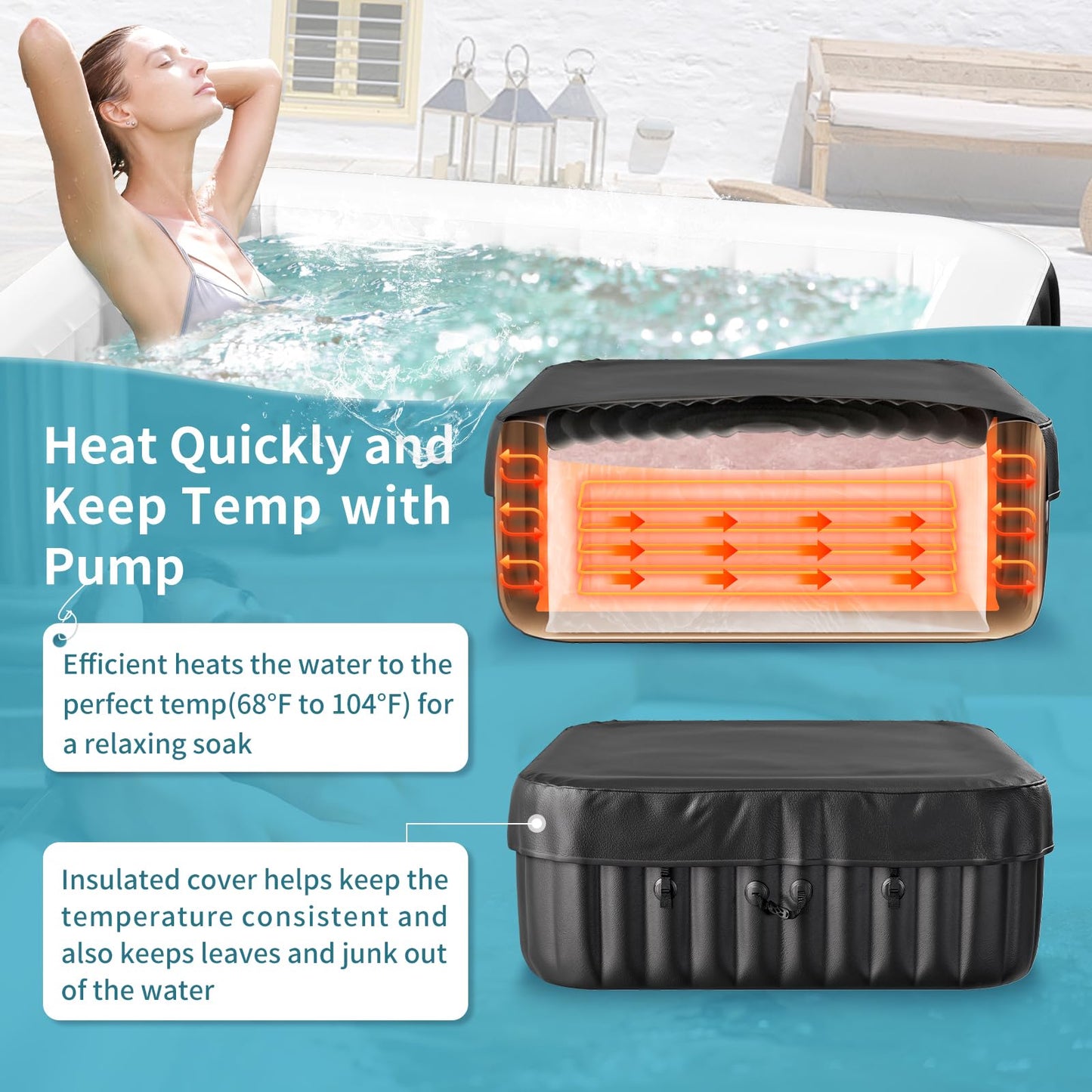Inflatable Hot Tub, 240 Gal Large Square Portable Blow Up Hot Tub, 4-6 Person Leak-Proof PVC Outdoor Spa with 120 Air Jets, Heater Pump and Insulated Cover, 73x25 Inch