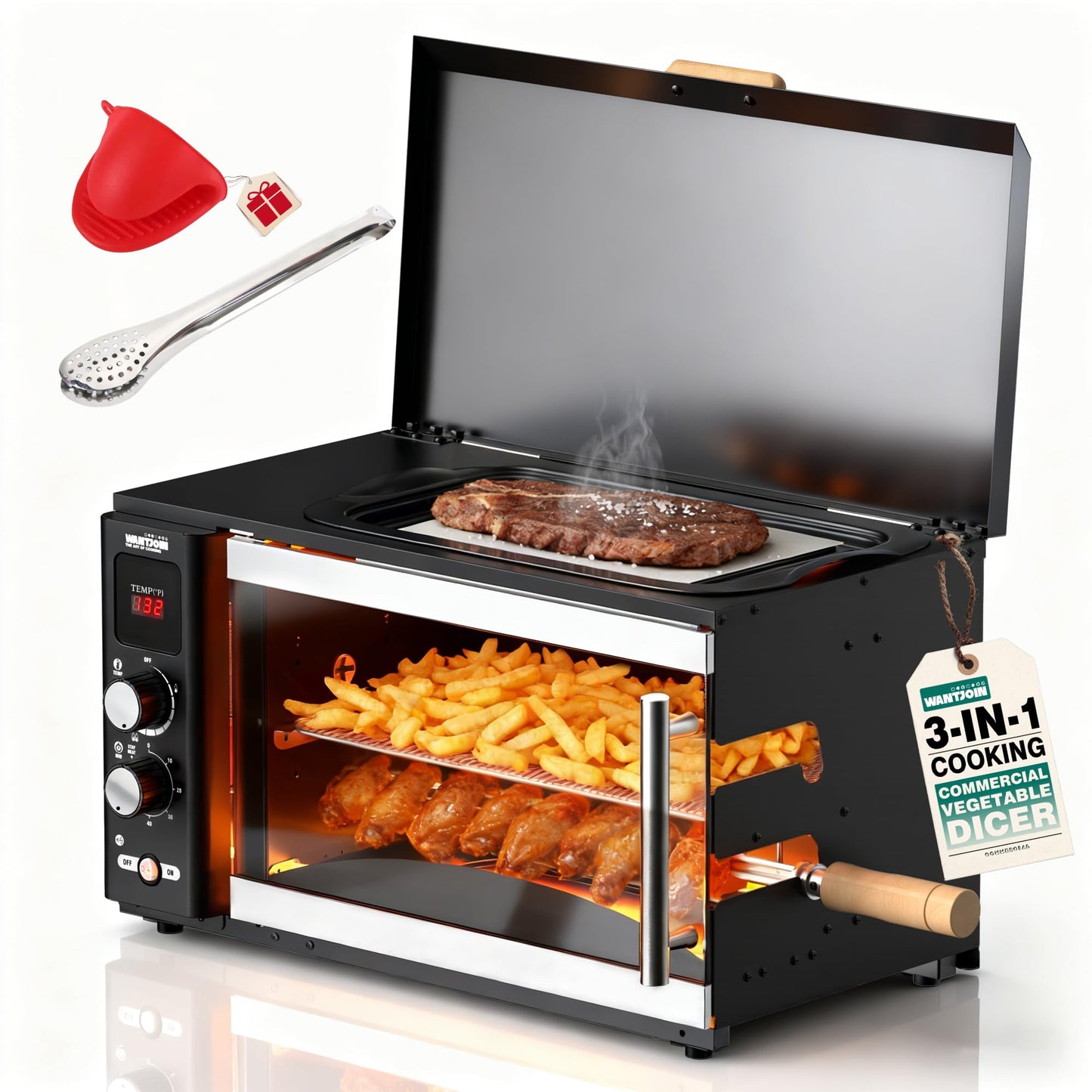 WantJoin Electric Rotisserie Oven - 35L 3-in-1 Rotisserie Grill Oven, Dual Skewers, Grilling Rack, 360°Auto-Rotate Heating, Rotisserie Cooker Machine for Home Kitchen & Party Use,1800W