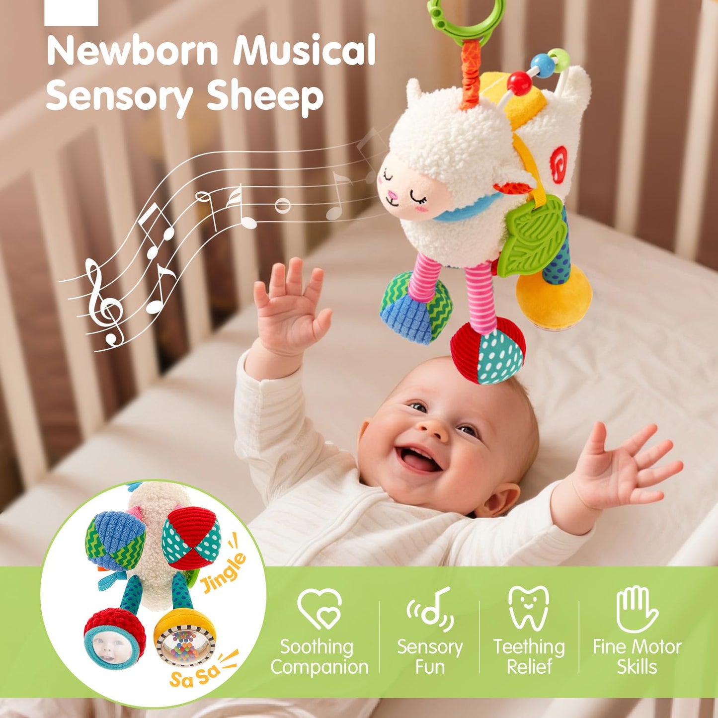 hahaland Baby Toys 0-6 Months - Baby Sensory Toys 0-3-6 Months Car Seat Toy Hanging - Musical Animals with Pull String Rattle Teether Crinkle Mirror, Crib Stroller Toy Tummy Time Easter Gifts for Baby