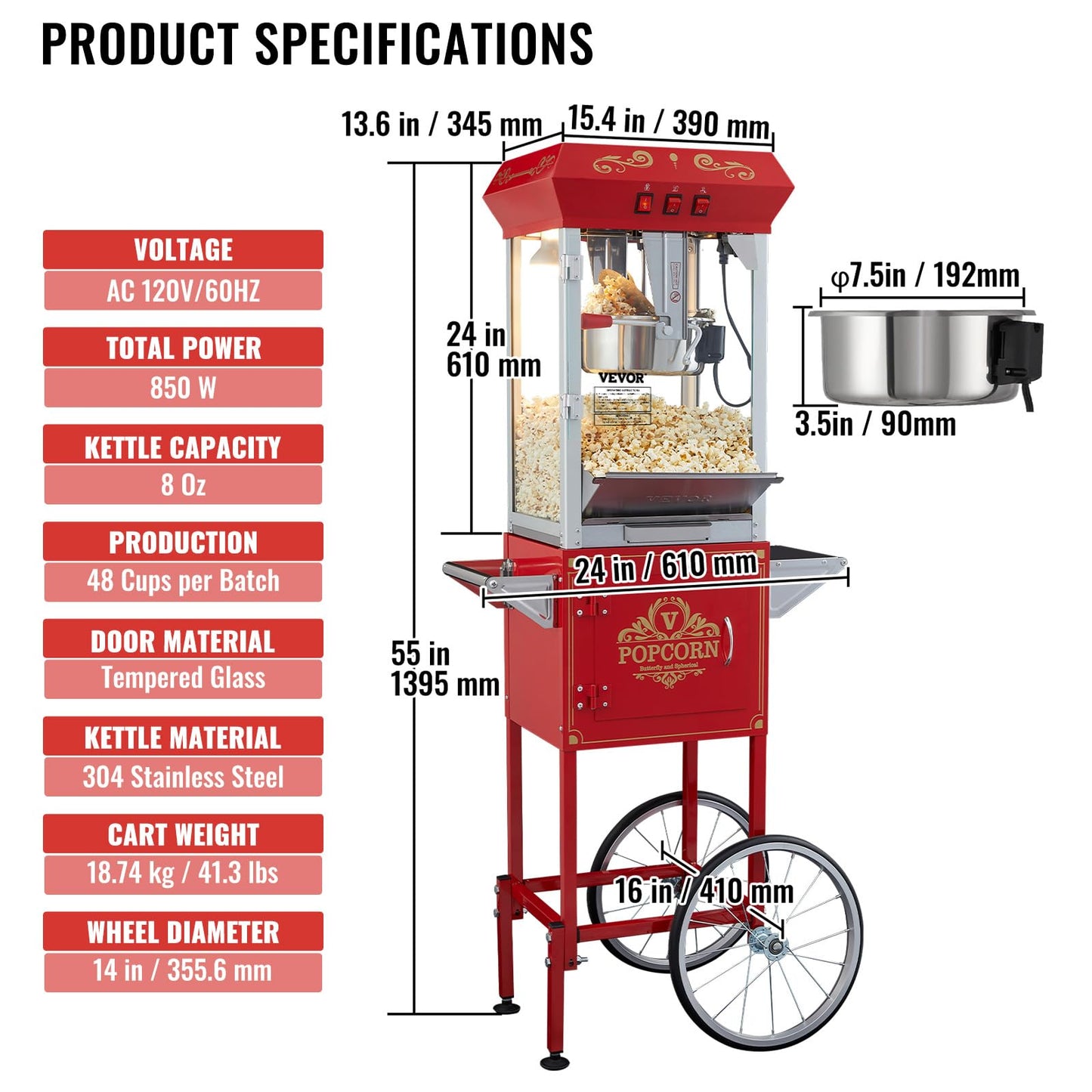 VEVOR Commercial Popcorn Machine, 8 Oz Kettle, 850 W Popcorn Maker on Wheels for 48 Cups per Batch, Theater Style Popper with 3-Switch Control Steel Frame Tempered Glass Doors Cart 1 Scoop 2 Spoons