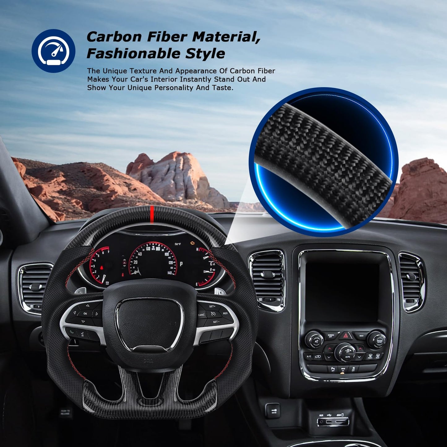 VOONKE Real Carbon Fiber Steering Wheel For Dodge Charger/Challenger/Durango/Jeep Grand Cherokee/SXT/GT/RT/SRT/Heallcat With heating function D-shaped Nappa Perforated Flat-bottom Steering Wheel