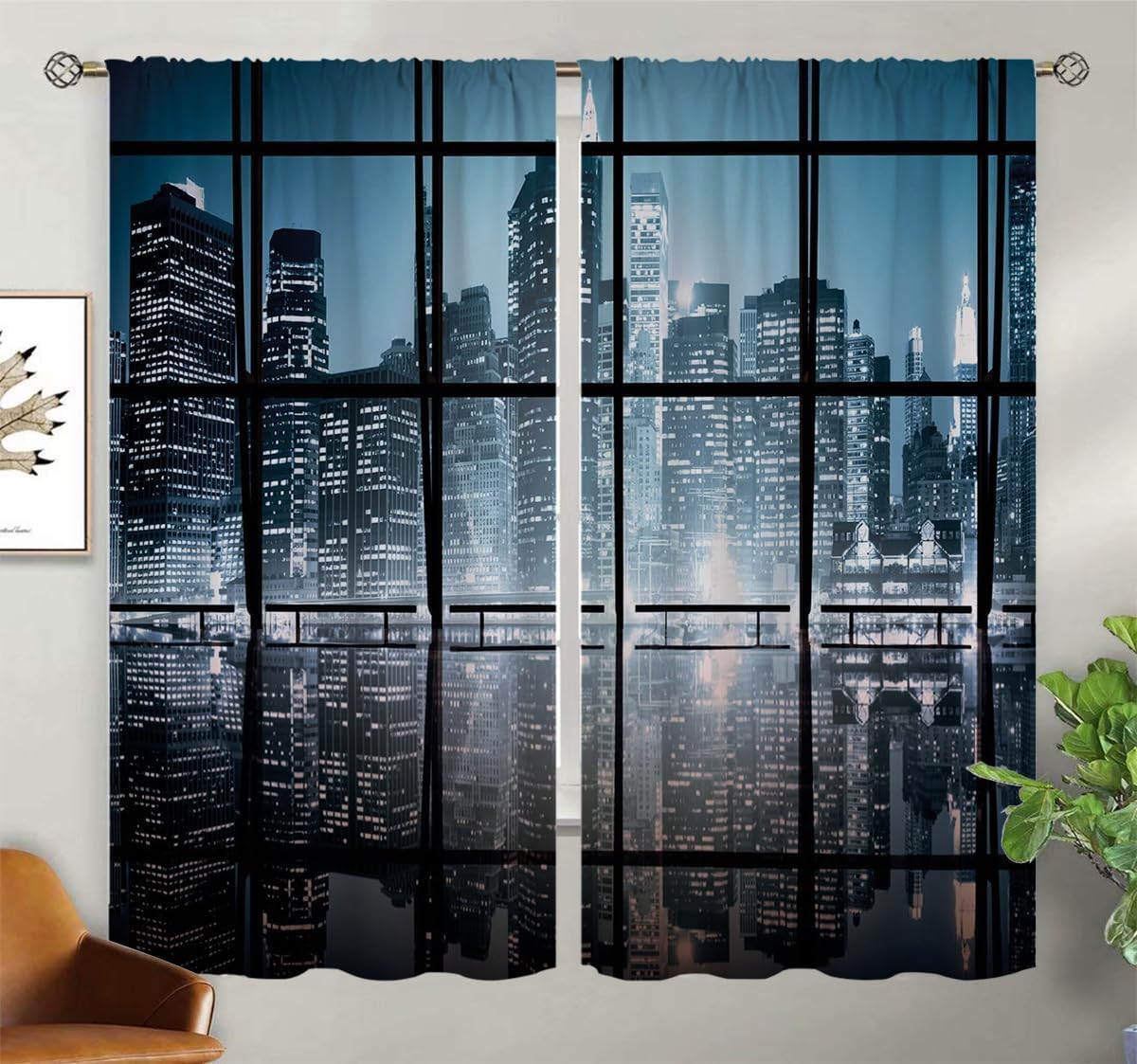 City Blackout Curtains for Home Decor,NY City Scenery at Night with Skyscrapers Buildings Rod Pocket Thermal Insulated Drapes Darkening Window Curtain for Girls Boy Bedroom Living Room 84 x 84 Inch