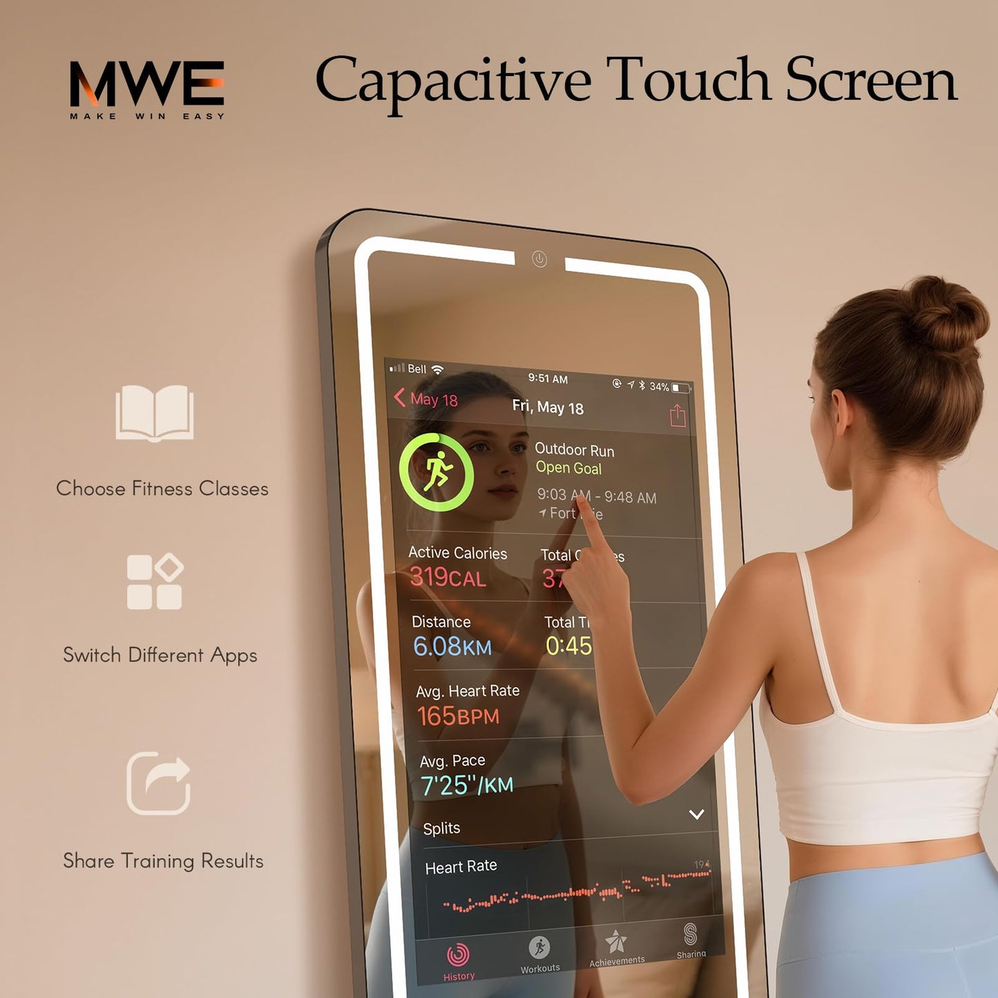 Smart Gym Mirror for Home Workout | 32" HD Touch-Screen Andriod OS | 63" Reflective Surface | No VIP Fees Support Various APPs, Voice Control, Music Sync LED Light Strip, for Home Gym/ Yoga/ Dance