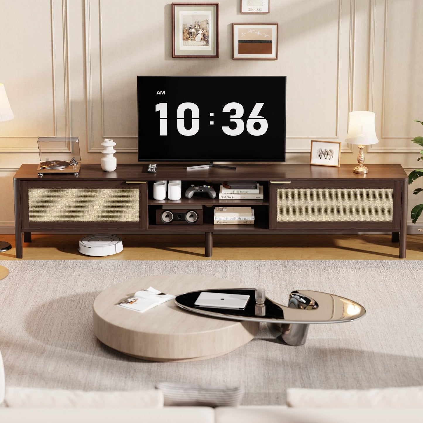 IKALIFE TV Stand for Living Room - Fits up to 80 Inch TVs, Rattan Media Console Table with Adjustable Shelves & 2 Storage Cabinets, Mid-Century Modern Entertainment Center, Walnut 71"