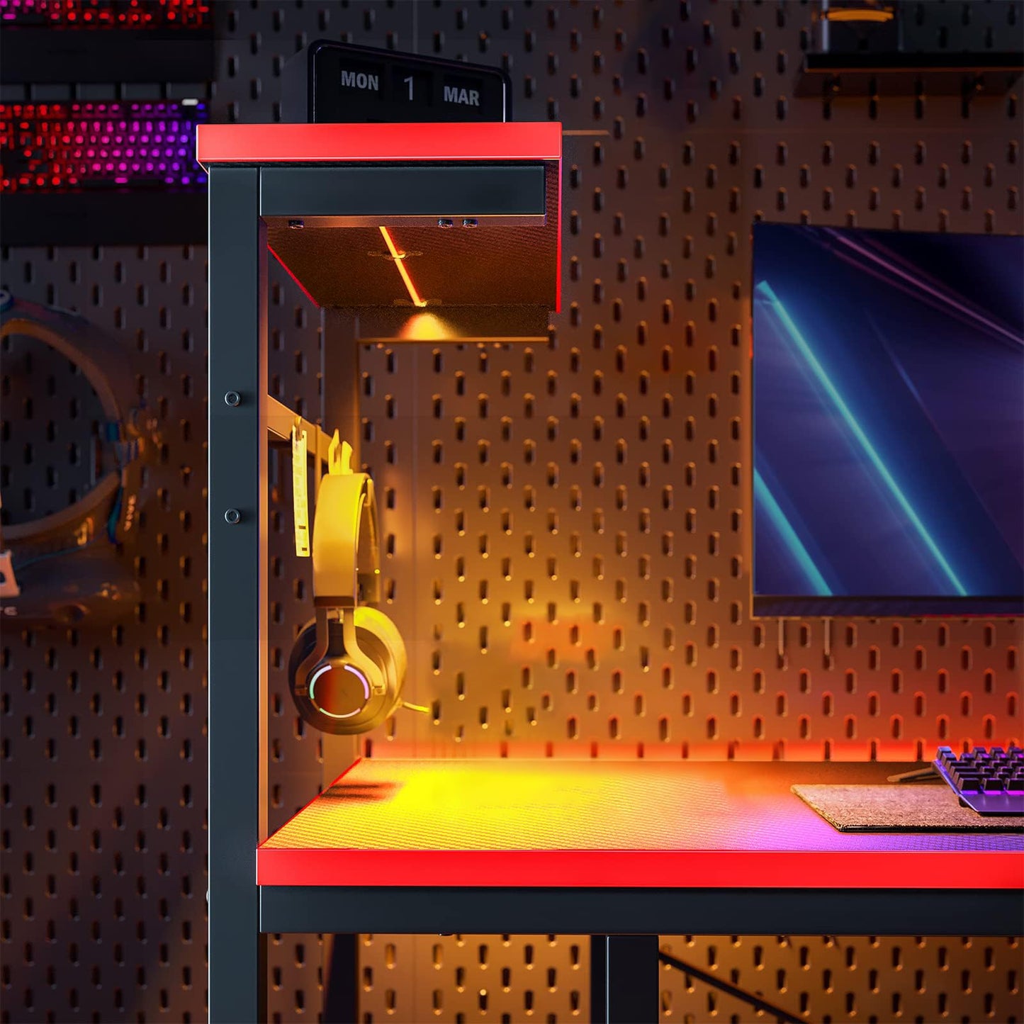 Bestier Gaming Desk with LED Lights, 44 Inch PC Gamer Desk for Small Spaces, Computer Desk with Reversible Storage Shelves & Side Storage Bag (Black 3D Carbon Fiber)