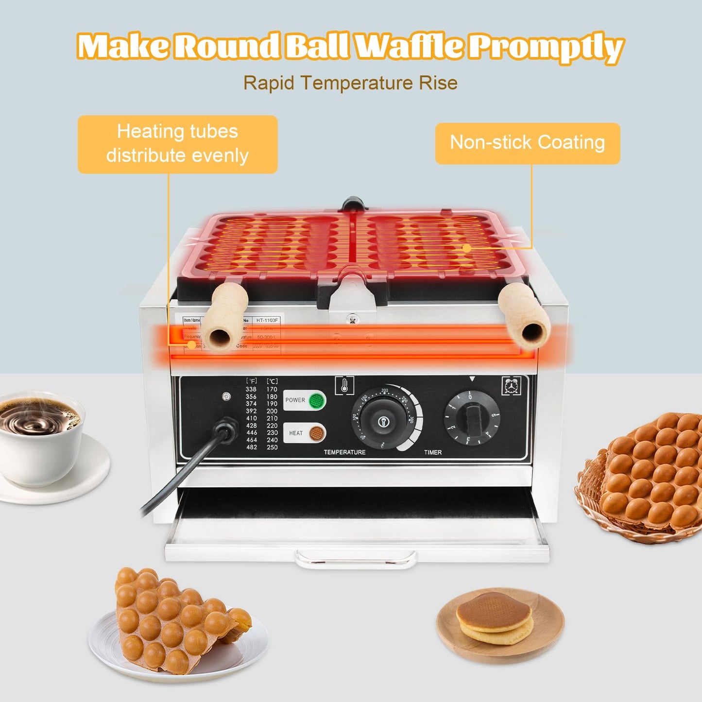 Commercial Bubble Waffle Maker, 1500W Electric Waffle Bites Ball Machine, Mini Nonstick Pancakes Muffins Baking Machine, Popular Snack Equipment For Bakeries, Restaurants