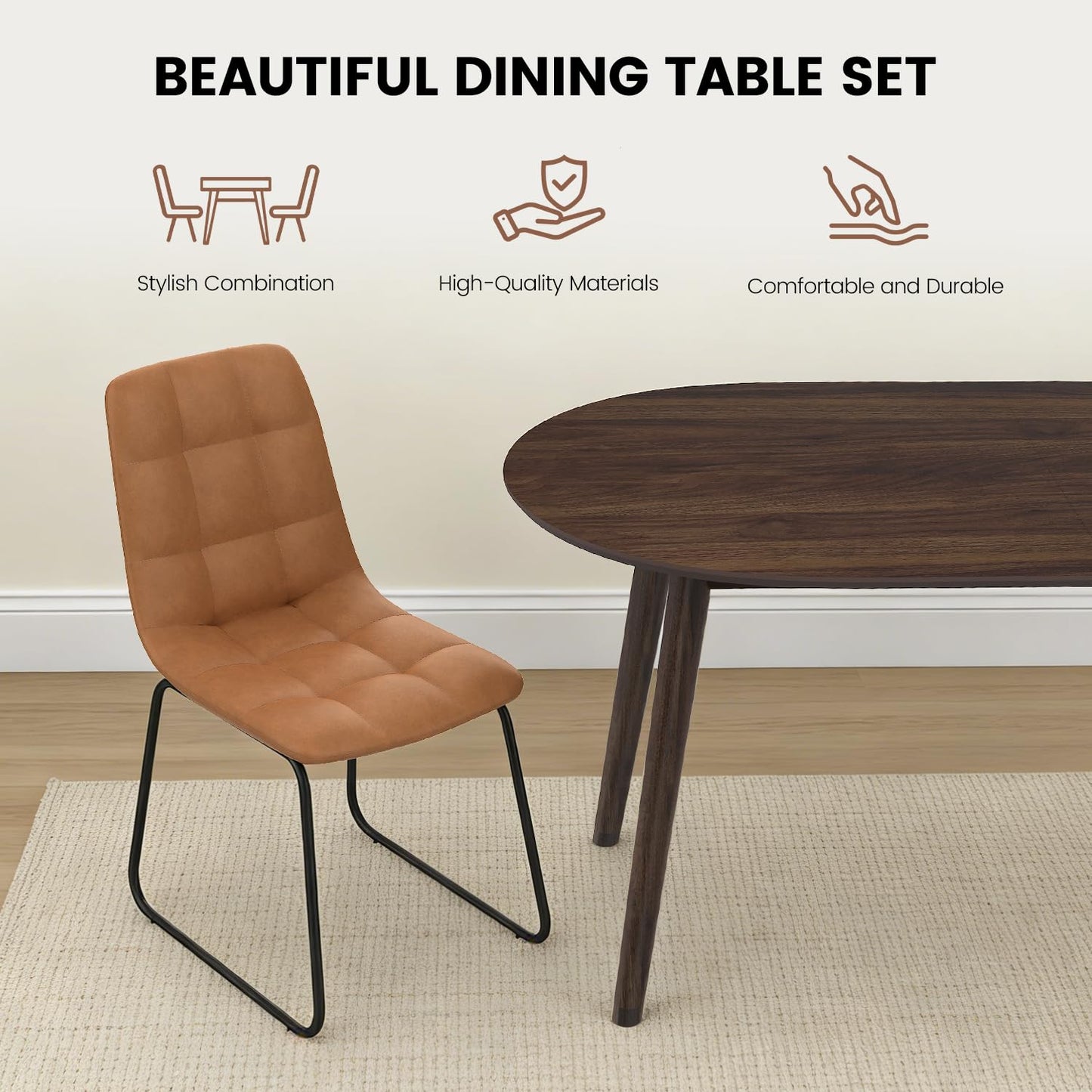 63" Oval Dining Table Set for 4, 5 Piece Modern Dining Table Set for Kitchen and Dining Room, Solid Wood Legs Dining Table with 4 Checkered PU Leather Dining Chairs（Walnut Table+4 Brown Chairs)