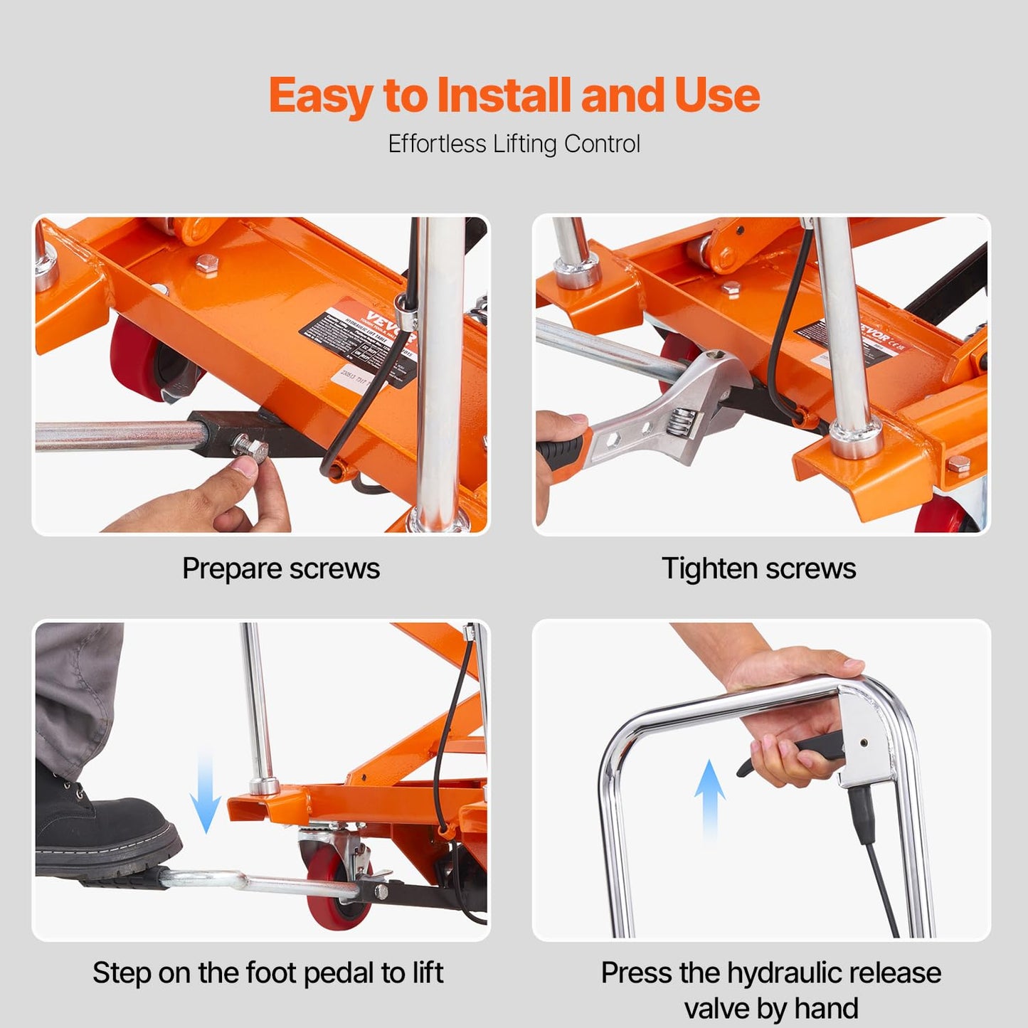VEVOR Hydraulic Lift Table Cart, 330lbs Load Capacity 50 Inch Lifting Height, Manual Single Scissor Lift Table with Non-Slip Pad and 4 Wheels, Alloy Steel, Orange