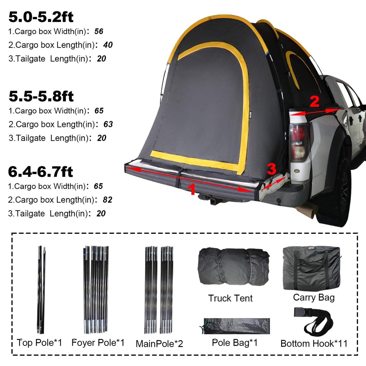HREFEU Pickup Truck Blackout Tent, Portable Truck Bed Tent for Camping, Waterproof PU2000mm Double Layer for 2 Person, Compact and Full Size Regular Bed Long Bed (Black) (5.0-5.2)